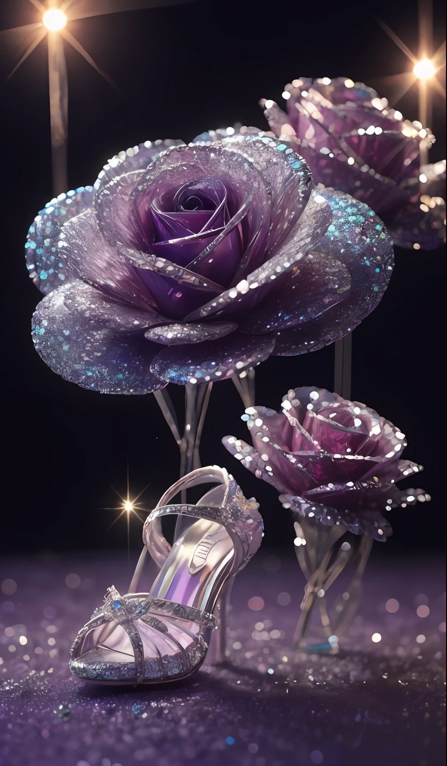 Crystal shoes and crystal roses, fanciful, galaxias, cleanness, glittery, glittery, Splendor, Colorful, Amazing photography, dramatic lighting, photo-realism, ultra - detailed, 4K, depth of fields, A high resolution