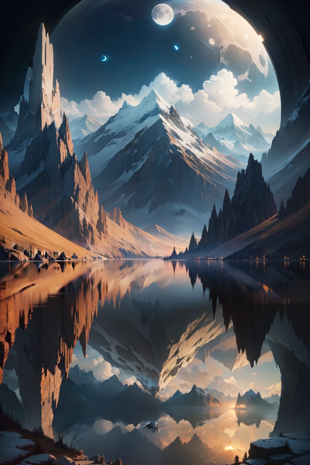 mountains and a lake with a moon in the sky, 4k highly detailed digital art, 4 k hd wallpaper very detailed, impressive fantasy landscape, sci-fi fantasy desktop wallpaper, unreal engine 4k wallpaper, 4k detailed digital art, sci-fi fantasy wallpaper, epic dreamlike fantasy landscape, 4k hd matte digital painting, 8k stunning artwork