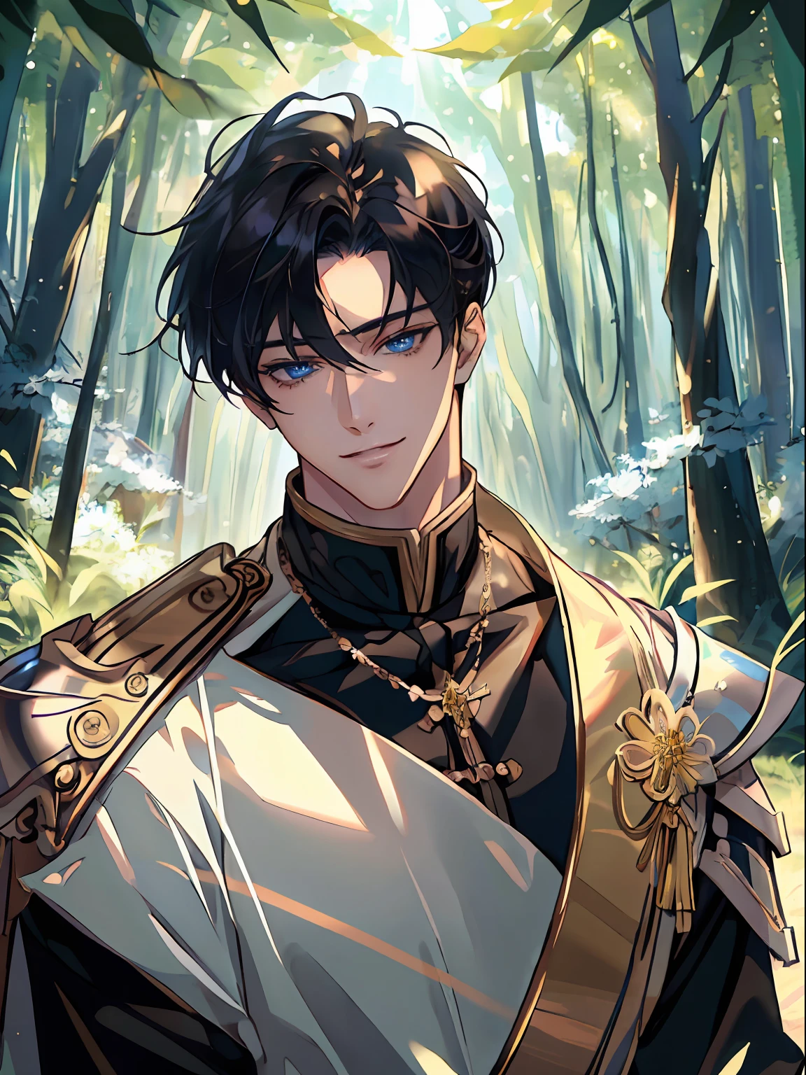 ((​masterpiece:1.2、top-quality))、((Two men))、blonde  hair、blue eyess(a handsome:1.4)、Guys only:1.3、校服、royalty、Black Knight、Short black hair、Golden Eyes、Scar on the right eye、Black Armor、Fantasia、the woods、blooming flowers、sunlights、Fantastic Light and Shadow、landscapes、extra detailed face、portraitures、a smile