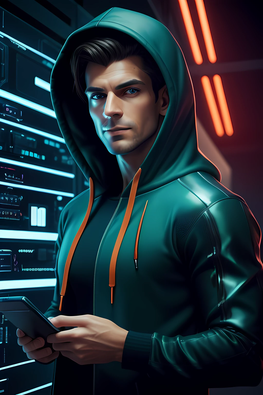 (Absurdres, Intricate Details, Masterpiece, Best Quality, High Resolution, 8k), 1 male, swedish, mature, aged up, handsome, finely detailed eyes and face, brown quiff hair, teal eyes, looking at viewer, solo, (full body:0.6), detailed background, detailed face, (CircuitBoardAI, electronic theme:1.1) evil high-tech futuristic hacker, smirk, advanced technology, hoodie, techwear,  keycard, cables,   (holographic display:1.05), error message,  computer, password, server room in background, orange lights, cyber-warfare, dark sinister atmosphere,  Depth of Field, VFX.