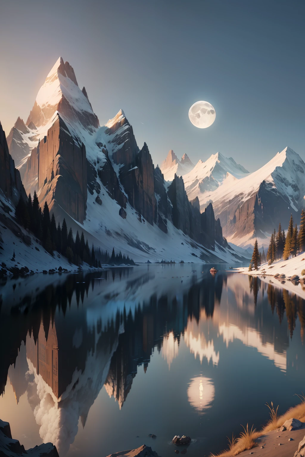 mountains and a lake with a moon in the sky, 4k highly detailed digital art, 4 k hd wallpaper very detailed, impressive fantasy landscape, sci-fi fantasy desktop wallpaper, unreal engine 4k wallpaper, 4k detailed digital art, sci-fi fantasy wallpaper, epic dreamlike fantasy landscape, 4k hd matte digital painting, 8k stunning artwork