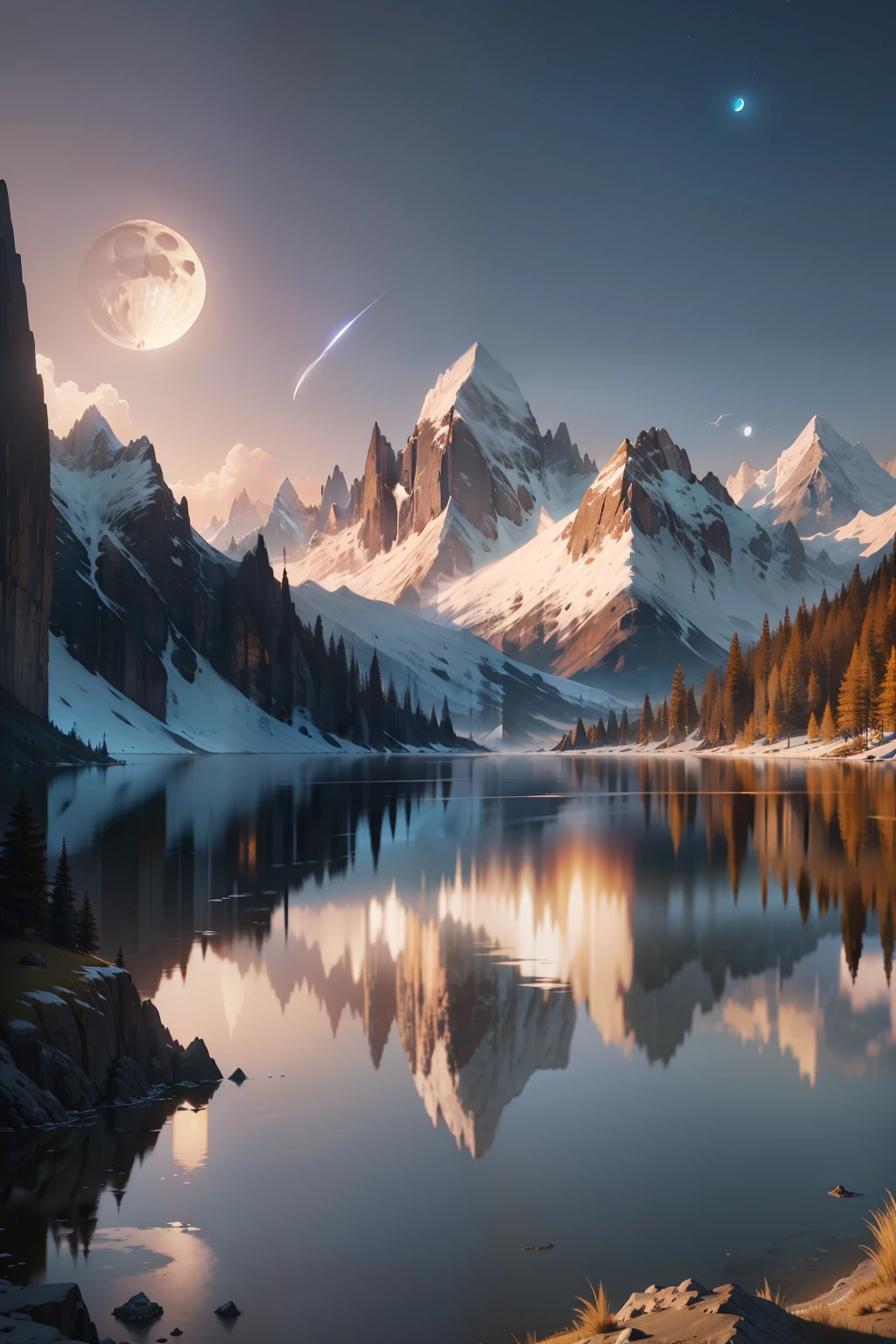 mountains and a lake with a moon in the sky, 4k highly detailed digital art, 4 k hd wallpaper very detailed, impressive fantasy landscape, sci-fi fantasy desktop wallpaper, unreal engine 4k wallpaper, 4k detailed digital art, sci-fi fantasy wallpaper, epic dreamlike fantasy landscape, 4k hd matte digital painting, 8k stunning artwork