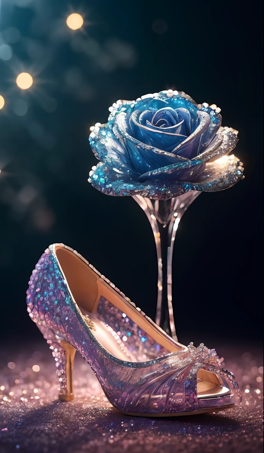 Crystal shoes and crystal roses, fanciful, galaxias, cleanness, glittery, glittery, Splendor, Colorful, Amazing photography, dramatic lighting, photo-realism, ultra - detailed, 4K, depth of fields, A high resolution