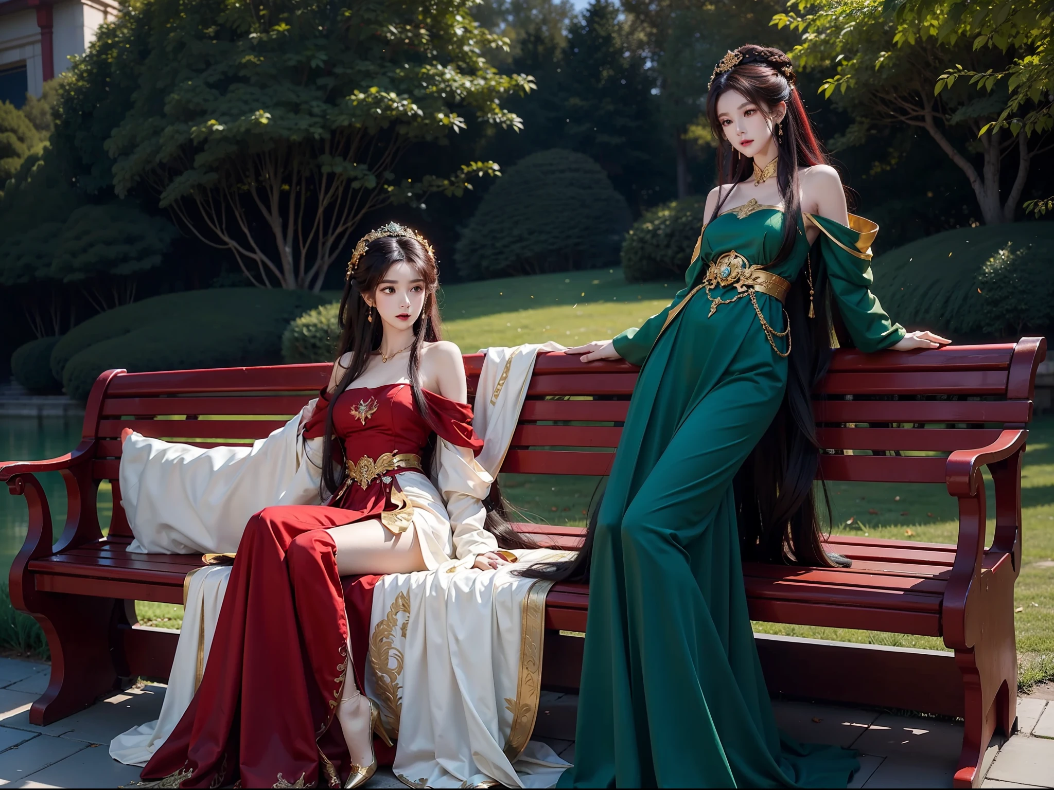 Gilded red wedding dress，gleaming in the sunlight，Kizi，hair adornments，cropped shoulders，Long green wavy hair that grows to the waist，red high heel pumps，Long-legged black stockings，Lie alone on a bench