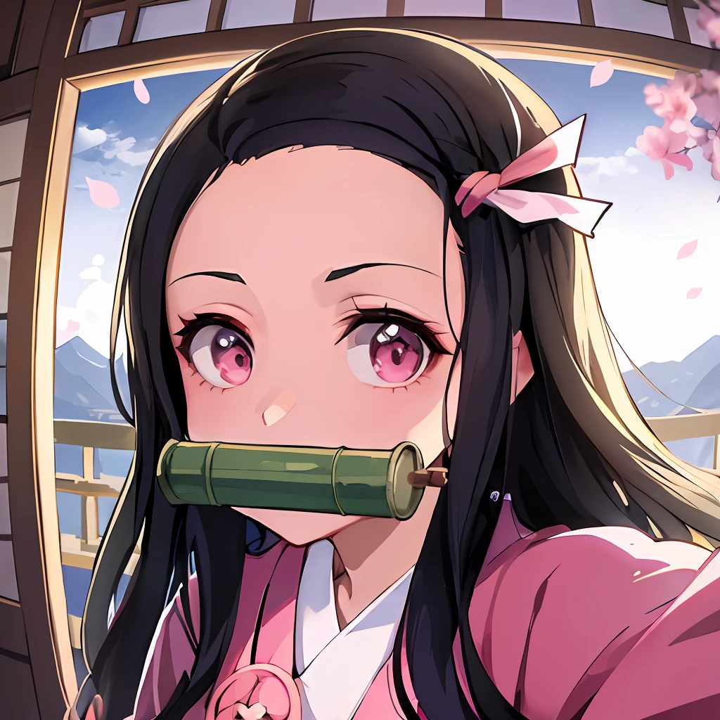 Anime girl with long black hair and pink eyes holding a bamboo stick, Nezuko-chan, Nezuko, haruno sakura, Retrato de Onmyoji, kawaii retrato realista, visual anime de uma menina bonito, Demon Slayer rui fanart, arte oficial, arte oficial altamente detalhada, Marin Kitagawa Fanart, Arte Oficial, retrato anime, retrato bonito do anime