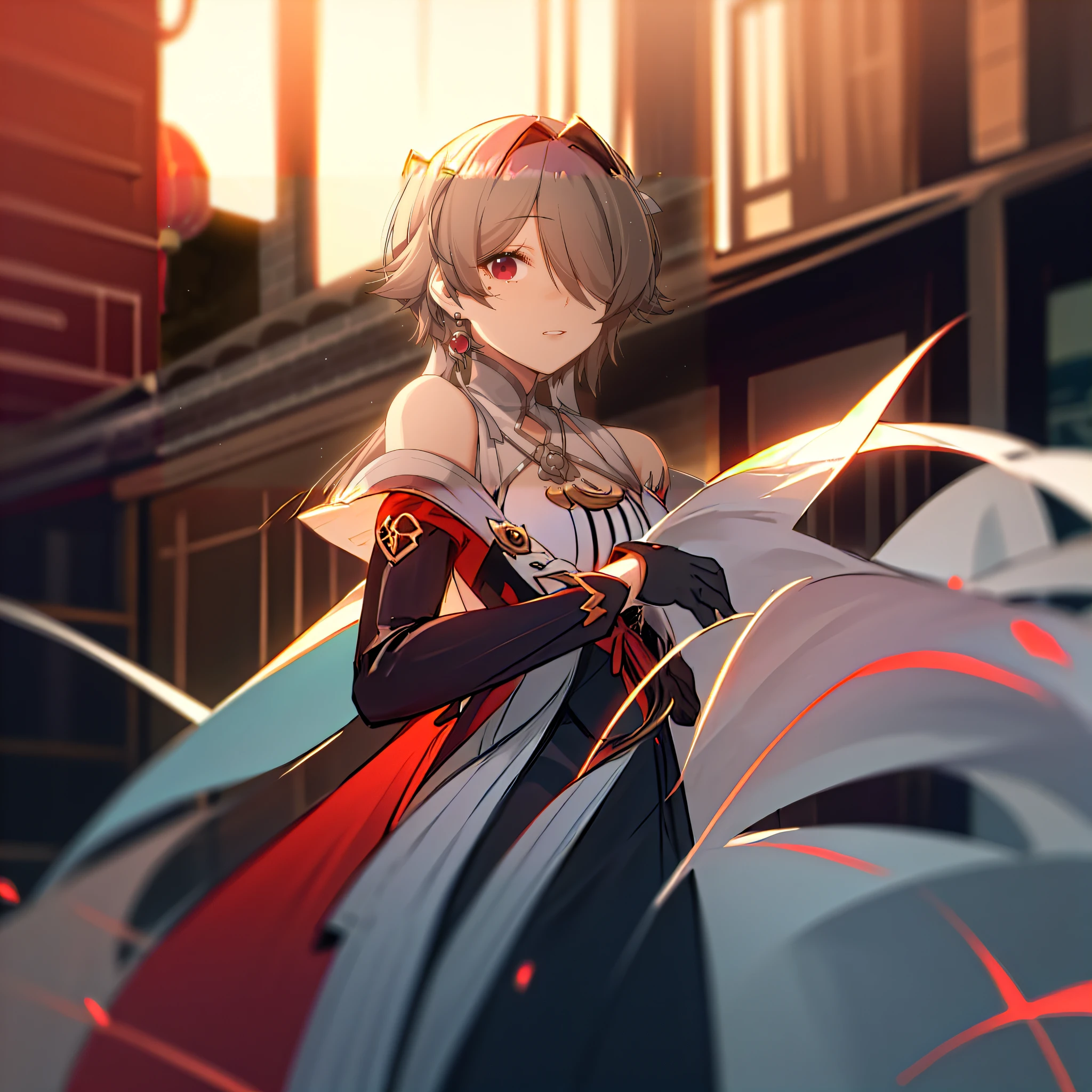 Long hair red eye anime girl,In front of the building, Ayaka Genshin impacts,ayaka game genshin impact,cunning expression,grinning evily,Kushatt Krenz Key Art Women,A sly smile in Genshin,The rogue giggle of the female protagonist。
