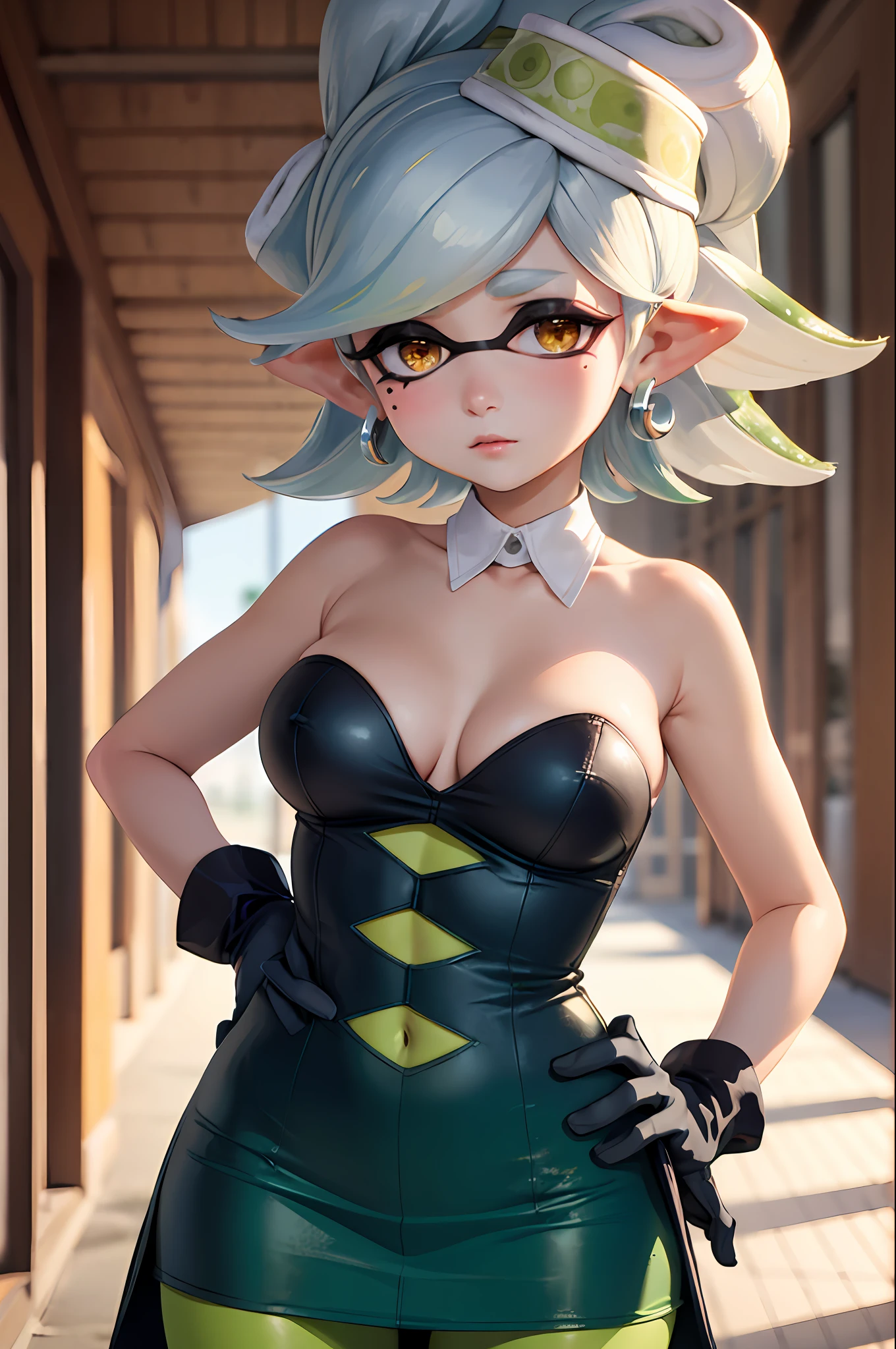 (masterpiece, best quality:1.2), cowboy shot, solo, 1girl, marie, expressionless, closed mouth, looking at viewer, hand on hip, tentacle hair, symbol-shaped pupils, dress, green pantyhose, (gloves:1.1), jewelry, earrings, bare shoulders