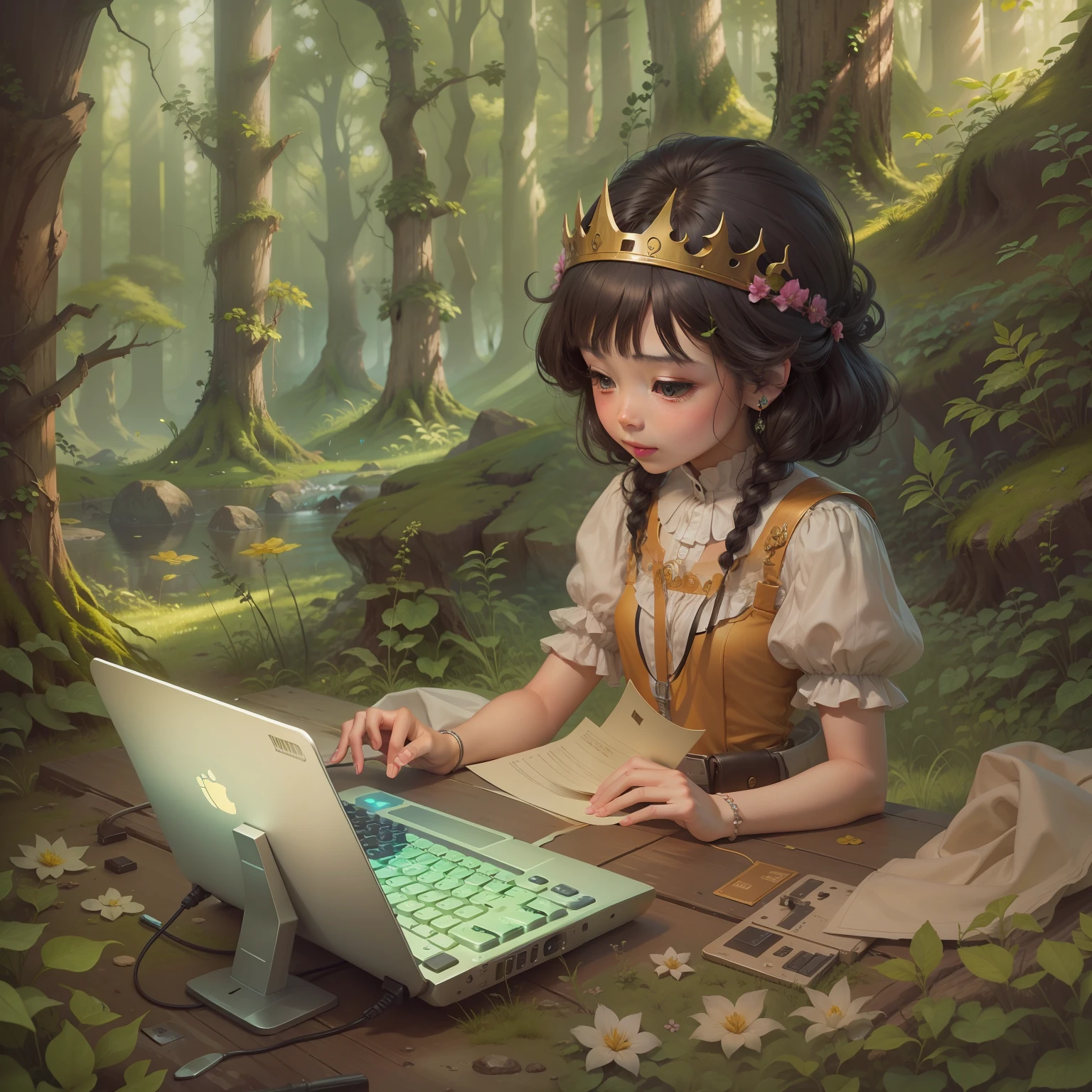 1 Princess typing in a computer,ina forest