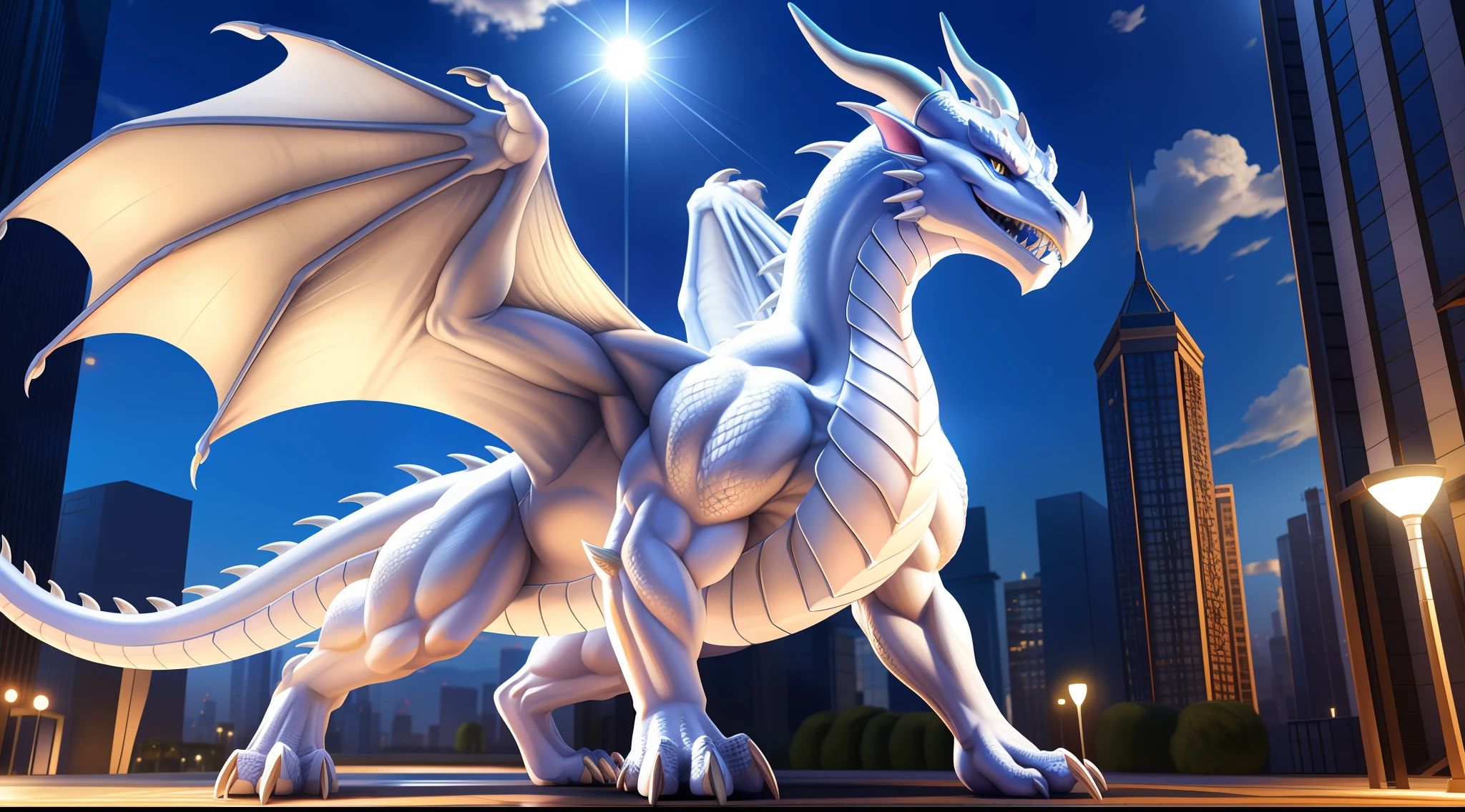 drak,Western Dragon,Majestic and exquisite faucet head、Thin dragon tail、Huge dragon claws、Gorgeous dragon horns,White body,Smile Expression,Blue vertical pupils,Ambient lighting,Excellent detail throughout the body,The white dragon wings spread,Extreme detail,realistic raytracing,Fine shading representation,Best shadow effect,Masterpiece 8K HD quality,Huge body,Very massive,urban backdrop,full bodyesbian,Positive perspective。