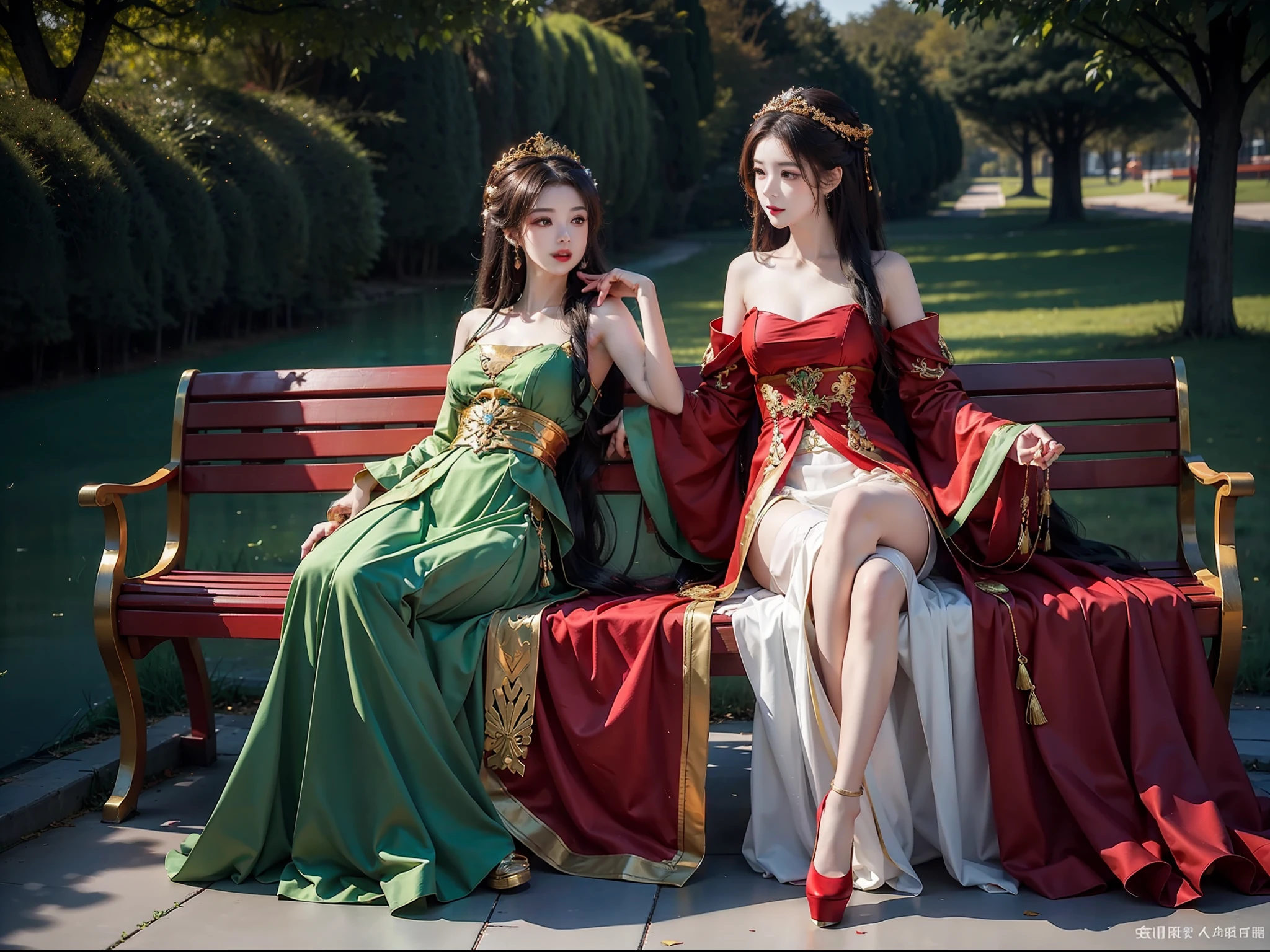 Gilded red wedding dress,gleaming in the sunlight,Kizi,hair adornments,cropped shoulders,Long green wavy hair that grows to the waist,red high heel pumps,Long-legged black stockings,Lie alone on a bench