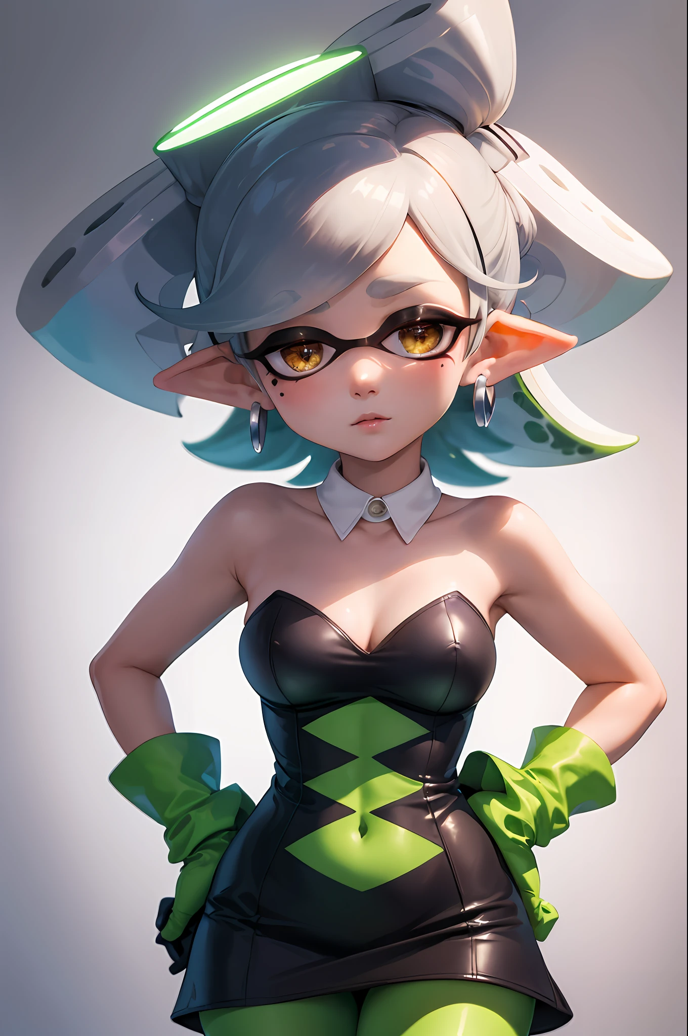 (masterpiece, best quality:1.2), cowboy shot, solo, 1girl, marie, expressionless, closed mouth, looking at viewer, hand on hip, tentacle hair, symbol-shaped pupils, dress, green pantyhose, (gloves:1.1), jewelry, earrings, bare shoulders