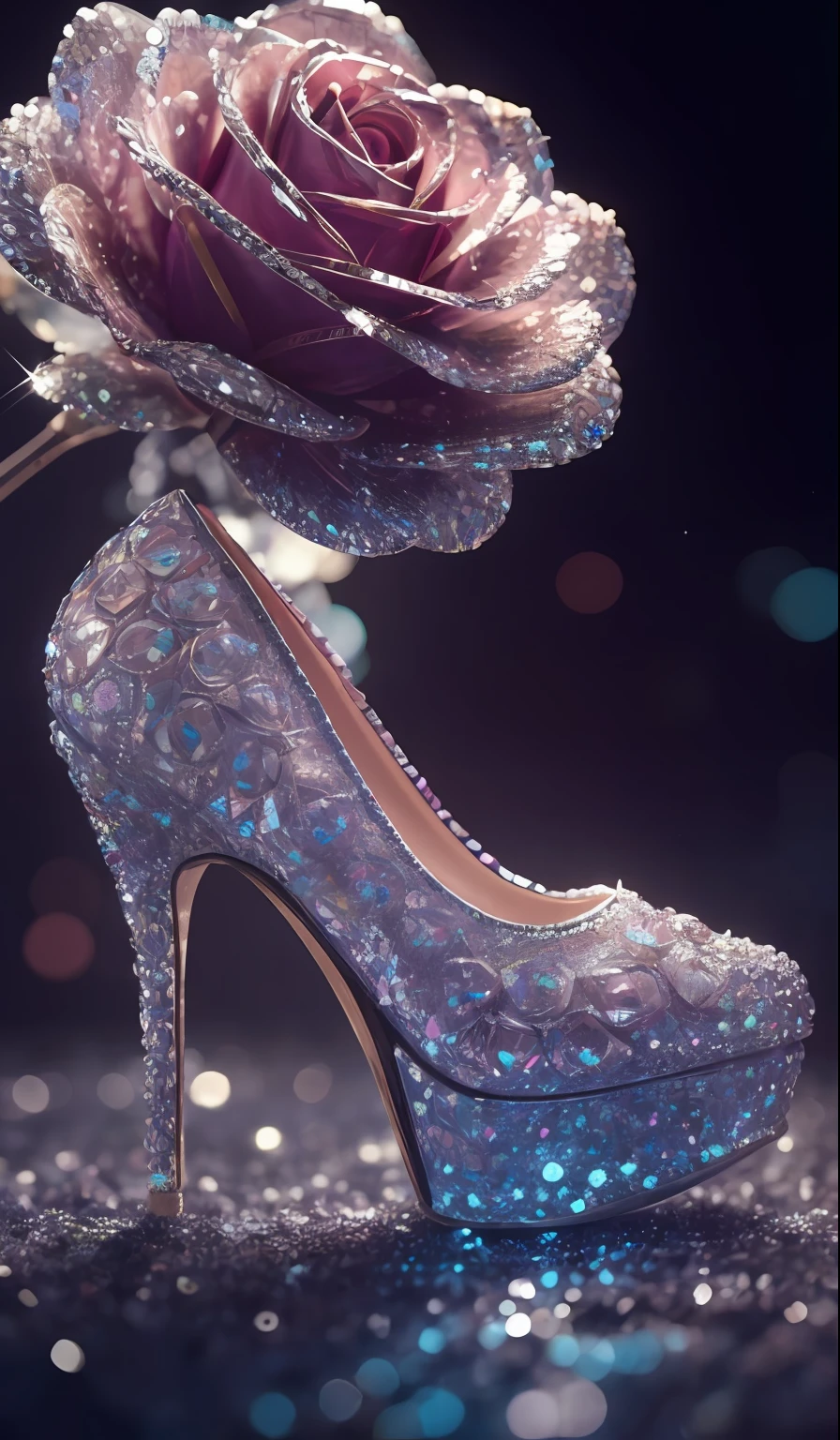 Crystal shoes and crystal roses， fanciful, galaxias, cleanness, glittery, glittery, Splendor, Colorful, Amazing photography, dramatic  lighting, photo-realism, ultra - detailed, 4K, depth of fields, A high resolution