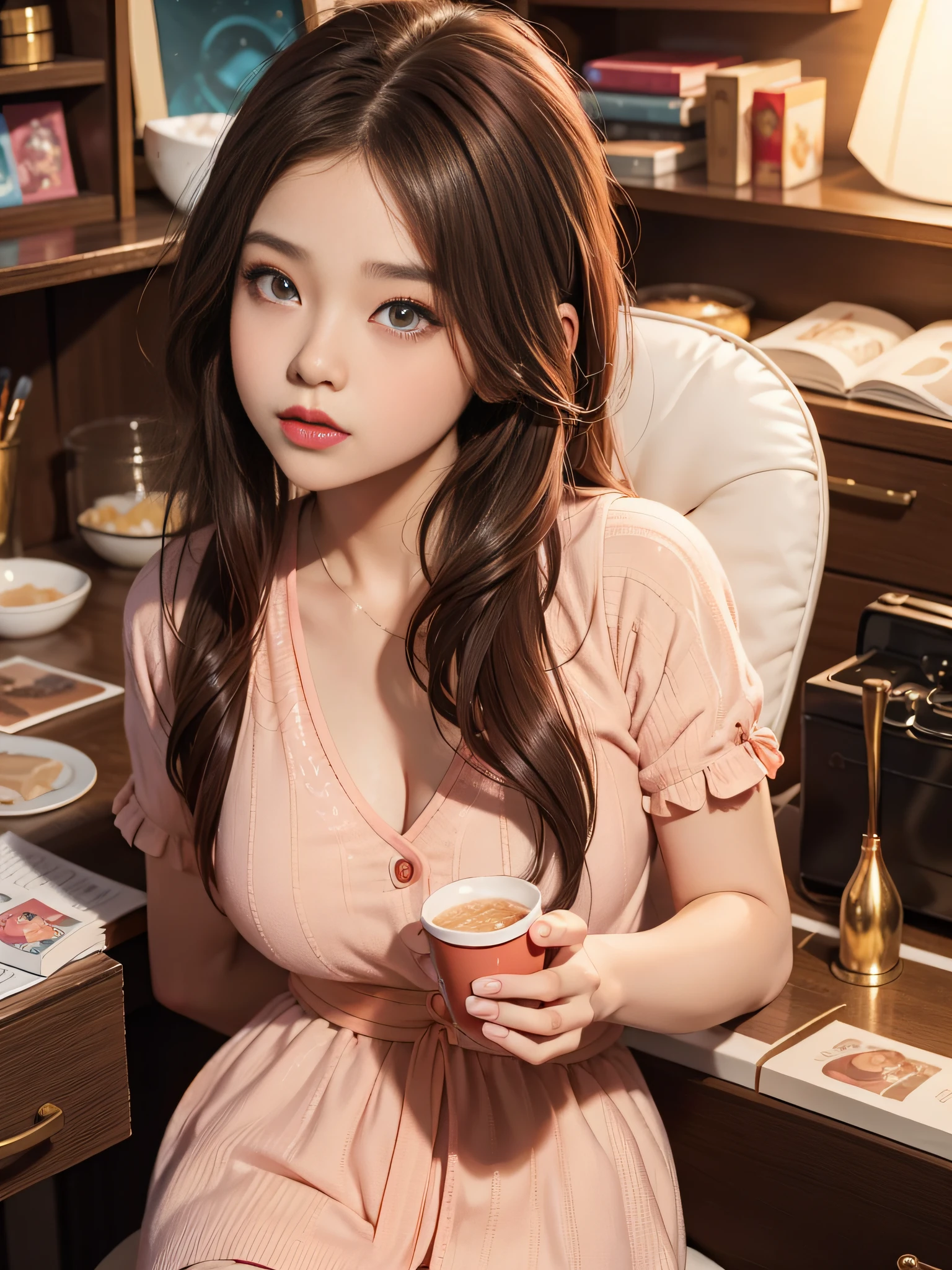 Brown hair long，close to face，Chinese big eyes girl with lipstick on her lips, Realistic scene style, Light orange and light maroon, I can't believe how beautiful this is, pixar-style,  pixar-style, pixar-style, pixar-style,Light white and dark pink, cartoon character