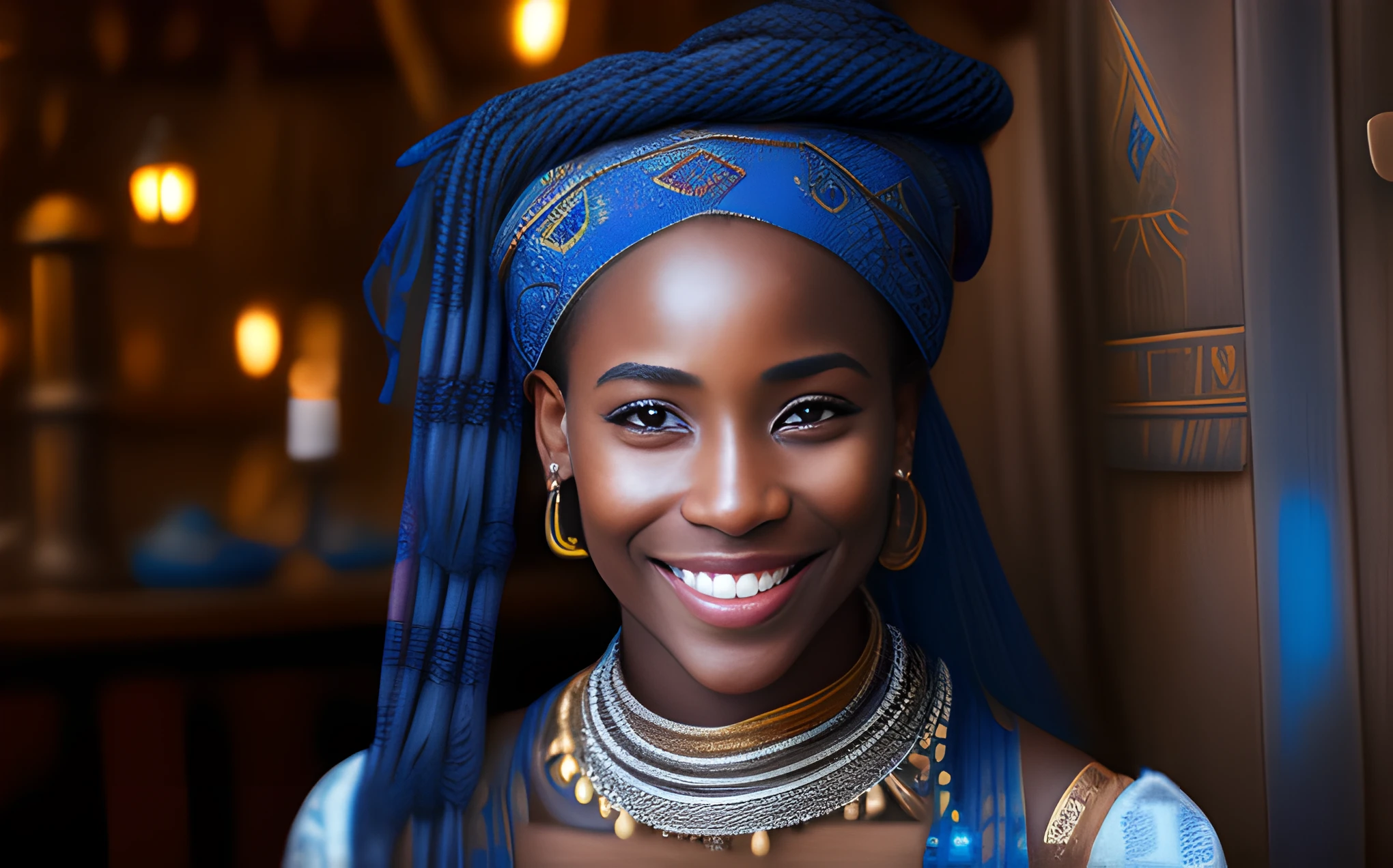 Portrait photo of black girl, Smiling, tattoo, blue dread, (Folk costumes:1.3), Ukrainian kilt, pronounced feminine features, insanely details, Intricate details, ultra - detailed, the complex background, Medieval Tavern, Indoors