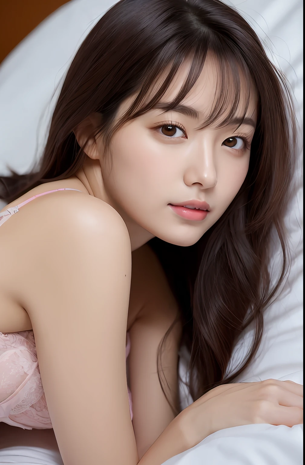 a close up of a woman laying in bed with a pink bra, Japanese Models, Young Sensual Gravure Idol, Young Pretty Gravure Idol, Realistic Young Gravure Idol, Realistic sensual gravure idol, Young Gravure Idol, sophisticated gravure idol, 奈良美智, Young skinny gravure idol, Beautiful Asian Girl, oppai, Dark brown long hair, (Lying in bed, Open legs: 1.2), hyperdetailed face, very detailed lips, Detailed eyes,  Double eyelids, Bra Black, hand between legs
