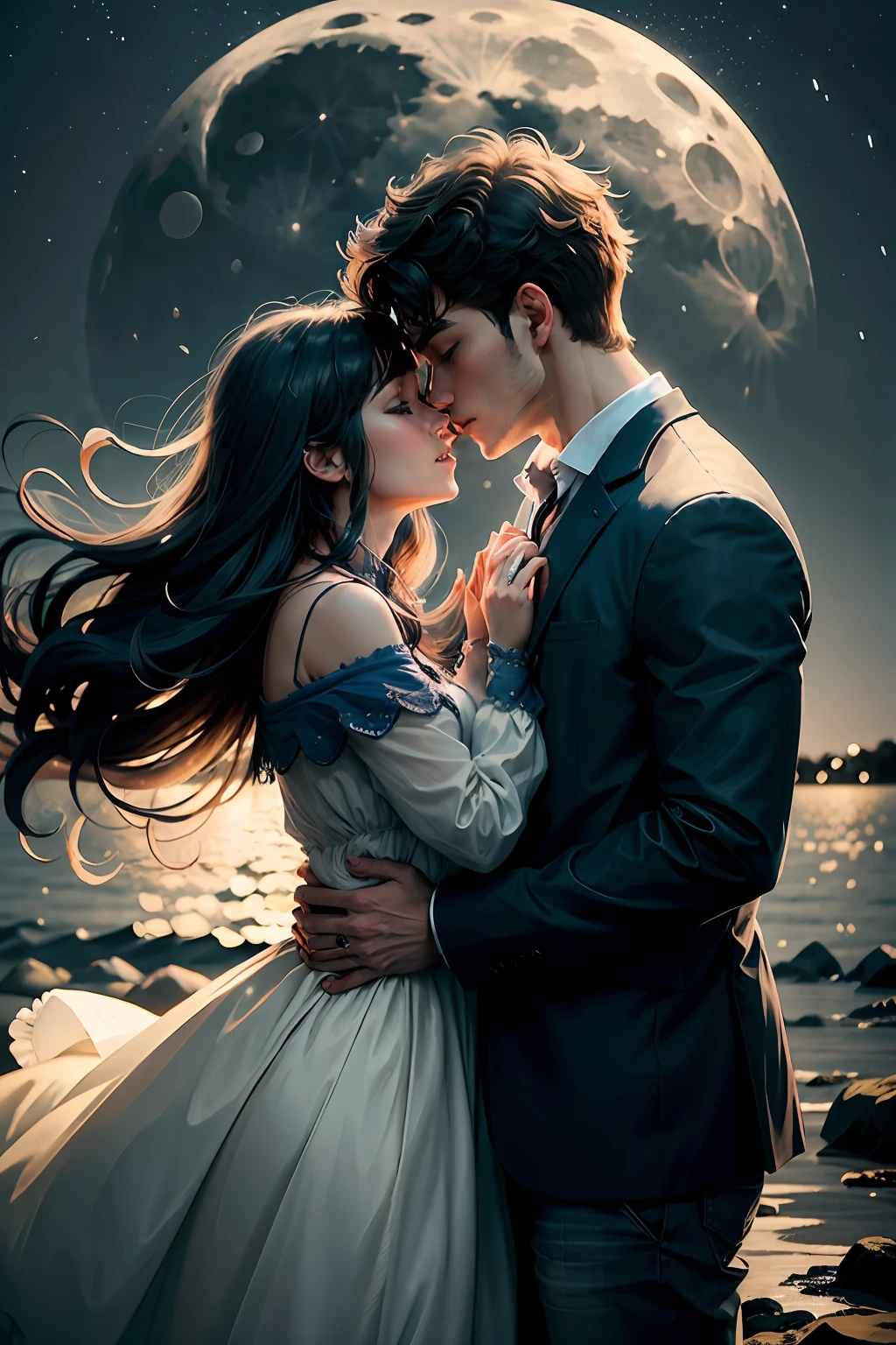 Romantic couple kissing in the classic wind, the moon shines brightly in the night sky