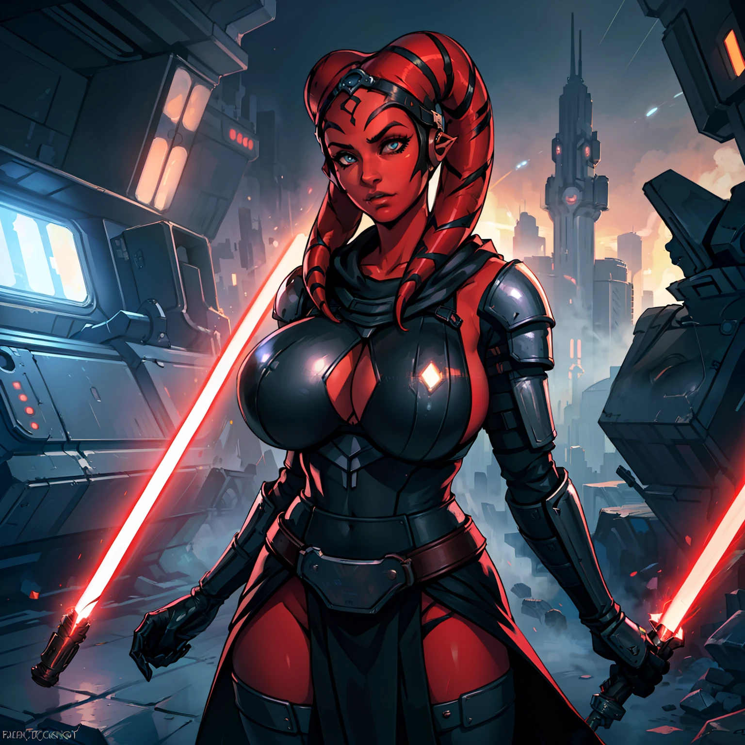 (masterpiece:1.2, best quality:1.2, beautiful, high quality, highres:1.1, aesthetic), detailed, extremely detailed, ambient soft lighting, 4K, perfect eyes, angular face, sharp features, large nose, perfect lighting, 1girl, action scene, lightsaber fighting, lasers, explosions, fire, motion lines, depth of field, masterpiece, best quality, high-definition, armor, busty, ((red skin), twi'lek), dual red lightsabers, evil space knight, space ninja, (wearing black robes, black stealth armor, breastplate, tunic, tabard, cowl, cloak, body glove, straps, buckles, skirts, long sleeves, fantasy, ((armor))), ((busty), slender body, thin, slim sexy body, slim waist, (((huge breasts, gigantic breasts)))), Imperial starship, Star Wars,