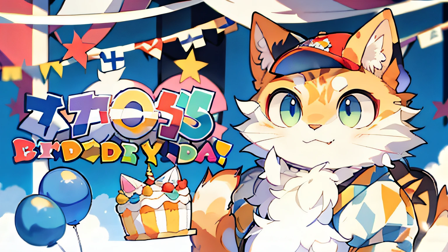 There is a cartoon cat wearing a birthday hat and birthday cake,, happy birthay, birthday, Birthday themed banner, Birthday party