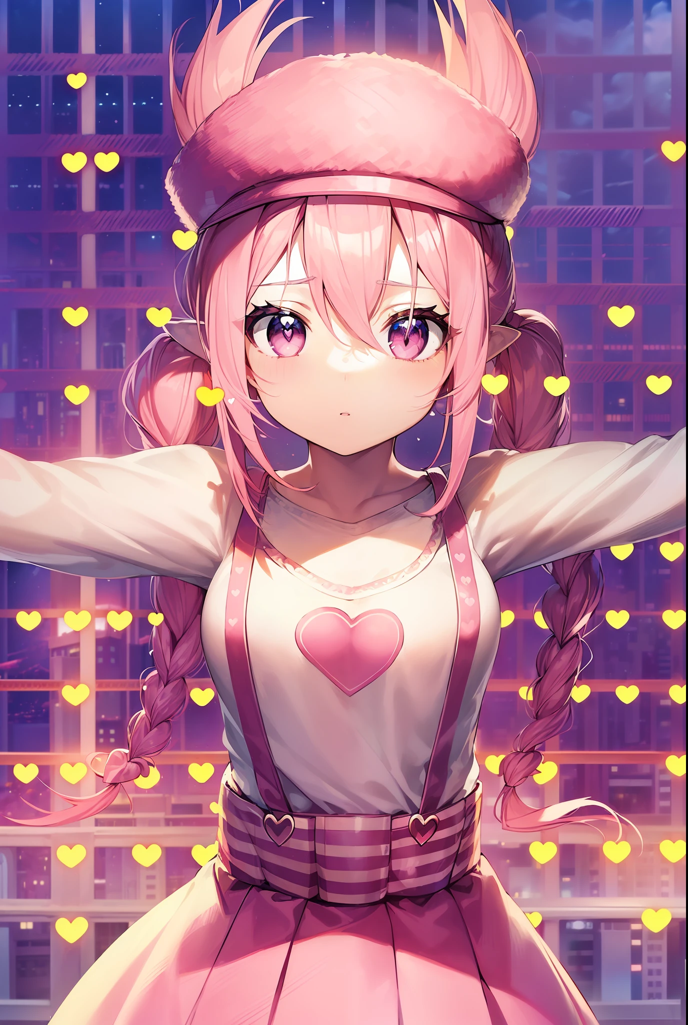 1girl. pink hair.long hair.((twintails)).{loli}.short stature.small breast.white t-shirts.suspender.skirt. (((masterpiece))).(((best quality))).)((ultra-detailed))).(((illustration))). (((Spread your arms))).(((night view))).(((Heart on chest))).Feathered hat.
