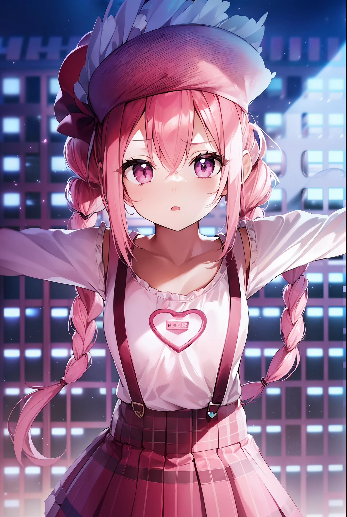 1girl. pink hair.long hair.((twintails)).{li}.short stature.small breast.white t-shirts.suspender.skirt. (((masterpiece))).(((best quality))).)((ultra-detailed))).(((illustration))). (((Spread your arms))).(((night view))).(((Heart on chest))).Feathered hat.