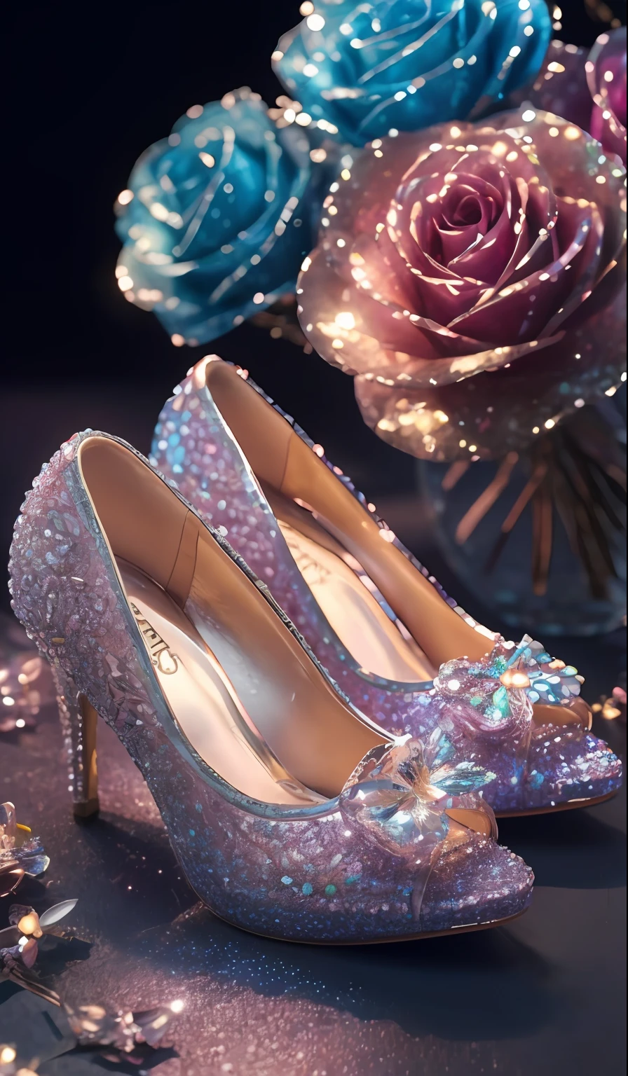 Crystal shoes and crystal roses， fanciful, galaxias, cleanness, glittery, glittery, Splendor, Colorful, Amazing photography, dramatic  lighting, photo-realism, ultra - detailed, 4K, depth of fields, A high resolution