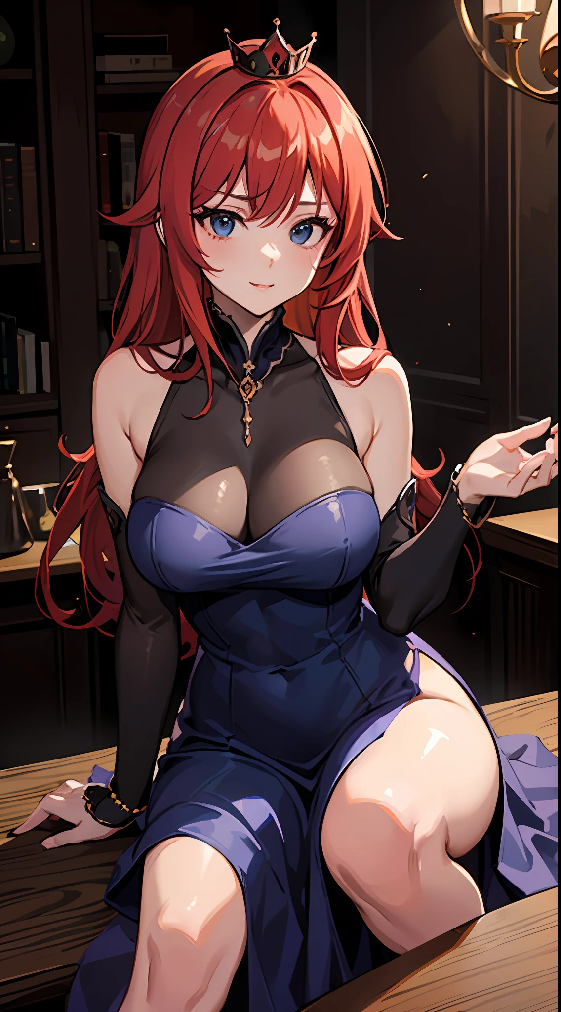 A woman in a blue dress sitting at a table with a crown on her head, milf in a dress, seductive anime girl, Elegant royal pose, Cute elegant pose, Extremely detailed Artgerm, Beautiful and seductive anime woman, Beautiful anime girl in Crouching, Artgerm Style, Redhead - Hair Princess, Thicc, Sexy Pose, Anime Goddess