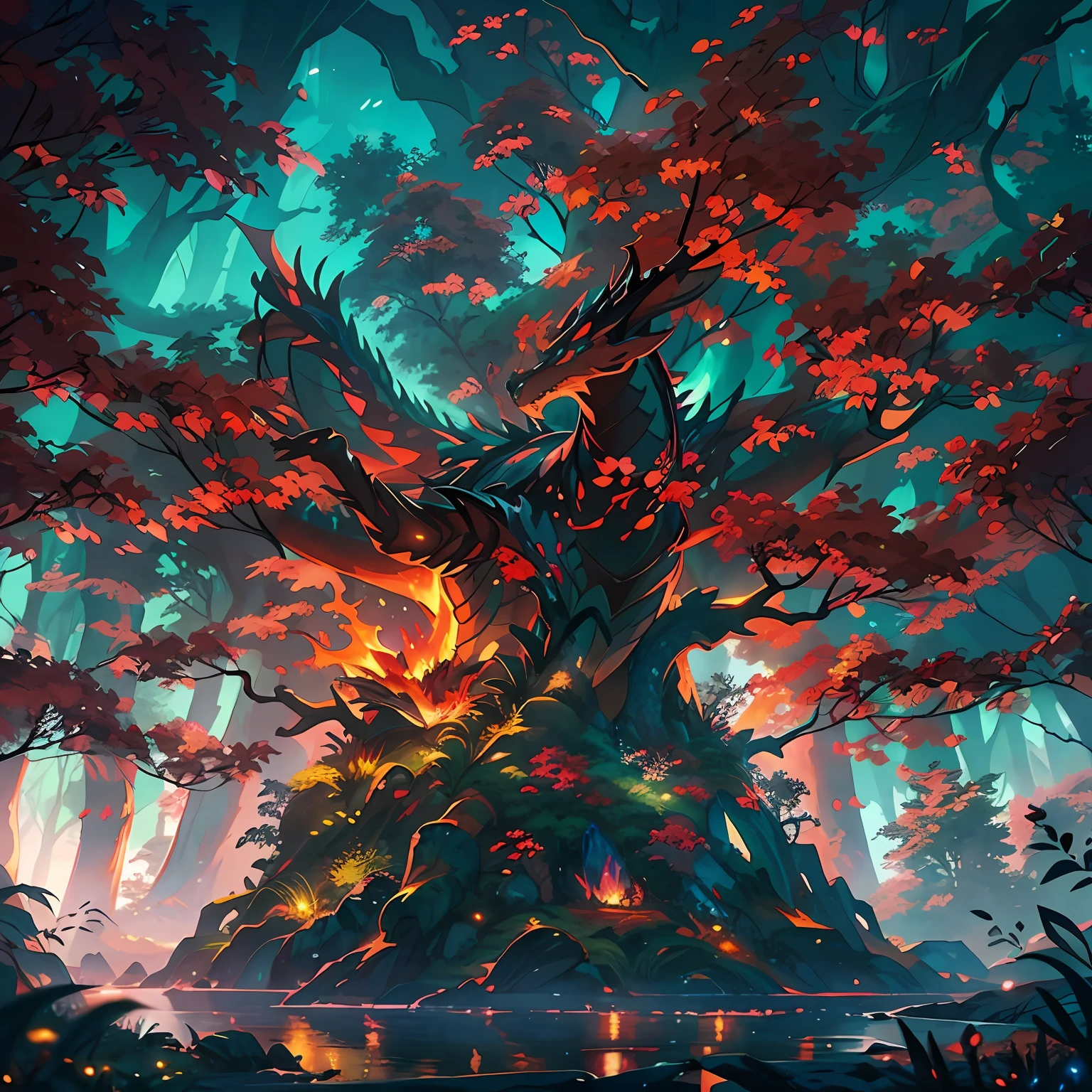 The whole body of a giant crystal tree、Wooden Dragon、Dragon-shaped tree、Red sky、Burning flames、the fire、burn、The tree々burning、very detailed and magical lighting、Details of the complex forest、Vegetation and rivers、Solarpunk、landscapes、massive trees、Beautiful blue with beautiful lighting and realistic proportions々with the、It's like a movie background、8K、top-quality、masterpiece、Who is on、stars on sky、The one who runs away々、The tree々The cry of、thunder、kaminari、Hell