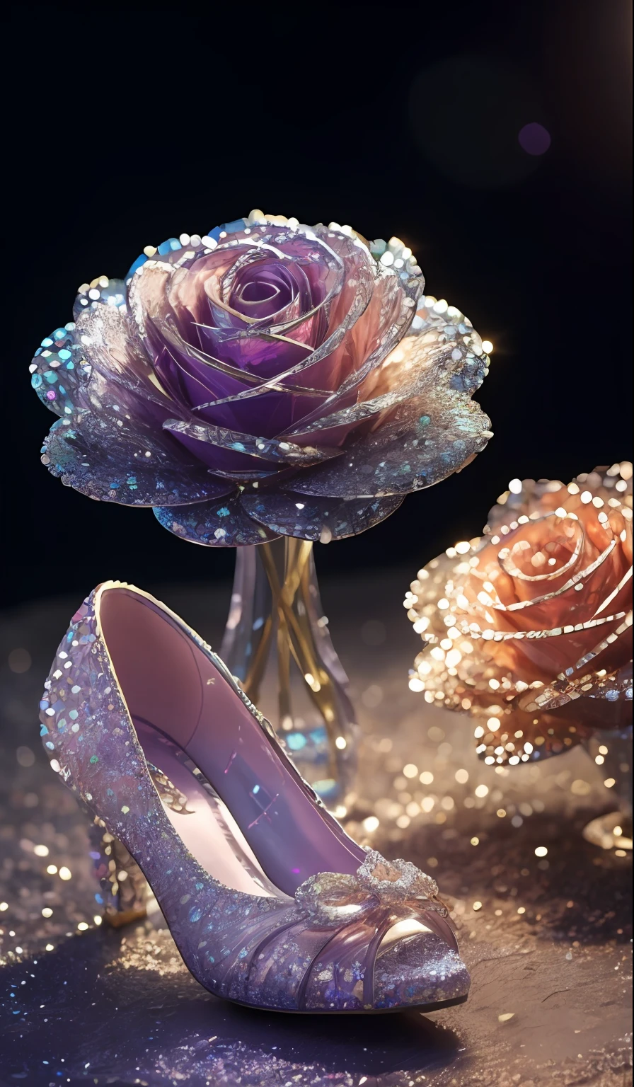 Crystal shoes and crystal roses, fanciful, galaxias, cleanness, glittery, glittery, Splendor, Colorful, Amazing photography, dramatic lighting, photo-realism, ultra - detailed, 4K, depth of fields, A high resolution