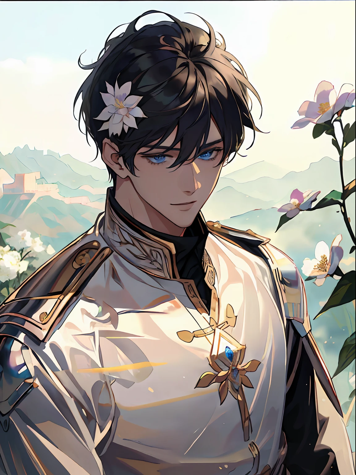 ((​masterpiece:1.2、top-quality))、((Two men))、blonde  hair、blue eyess(a handsome:1.4)、Guys only:1.3、校服、royalty、Black Knight、Short black hair、Golden Eyes、Scar on the right eye、Black Armor、Fantasia、blooming flowers、sunlights、Fantastic Light and Shadow、landscapes、extra detailed face、portraitures、A smile