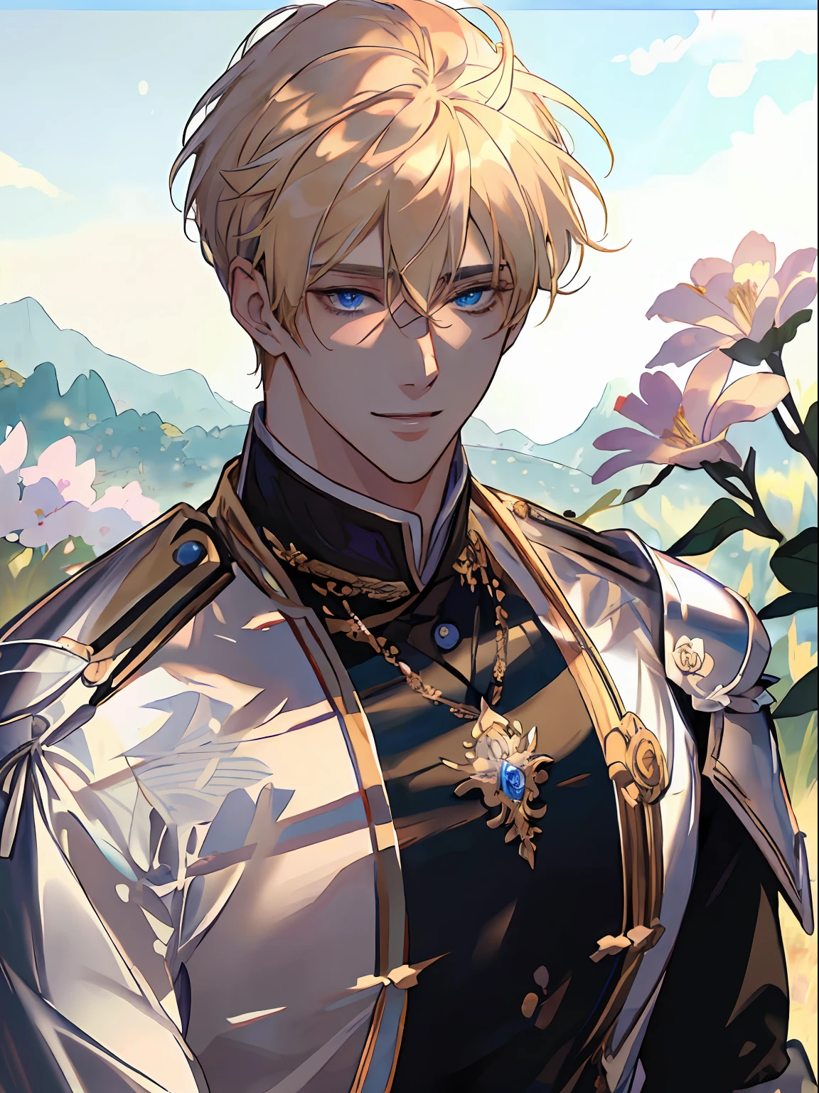 ((​masterpiece:1.2、top-quality))、((Two men))、blonde  hair、blue eyess(a handsome:1.4)、Guys only:1.3、校服、royalty、Black Knight、Short black hair、Golden Eyes、Scar on the right eye、Black Armor、Fantasia、blooming flowers、sunlights、Fantastic Light and Shadow、landscapes、extra detailed face、portraitures、A smile