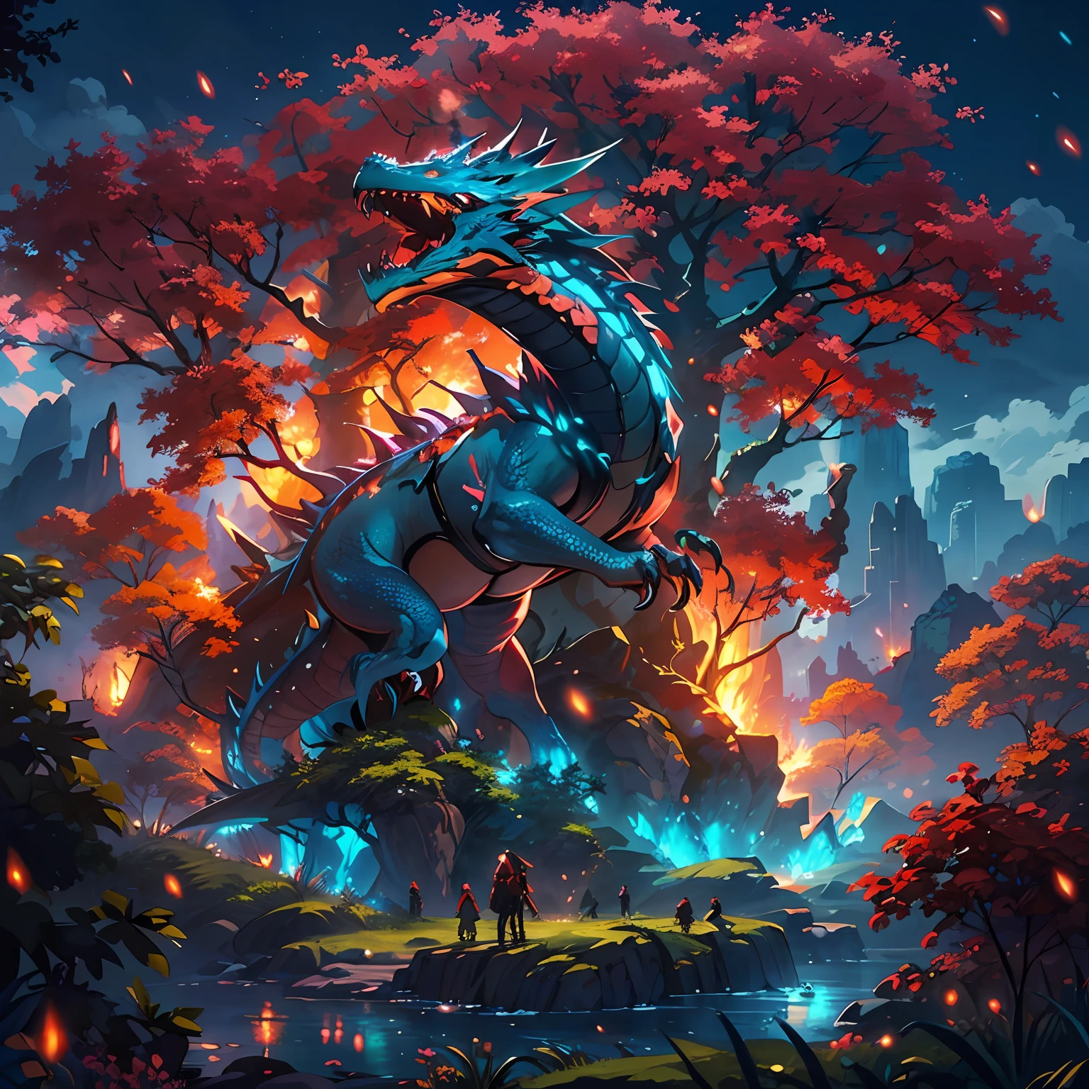 The whole body of a giant crystal tree、Wooden Dragon、Dragon-shaped tree、Red sky、Burning flames、the fire、burn、The tree々burning、very detailed and magical lighting、Details of the complex forest、Vegetation and rivers、Solarpunk、landscapes、massive trees、Beautiful blue with beautiful lighting and realistic proportions々with  the、It's like a movie background、8K、top-quality、​masterpiece、Who is on、stars on sky、The one who runs away々、The tree々The cry of、thunder、kaminari、Hell