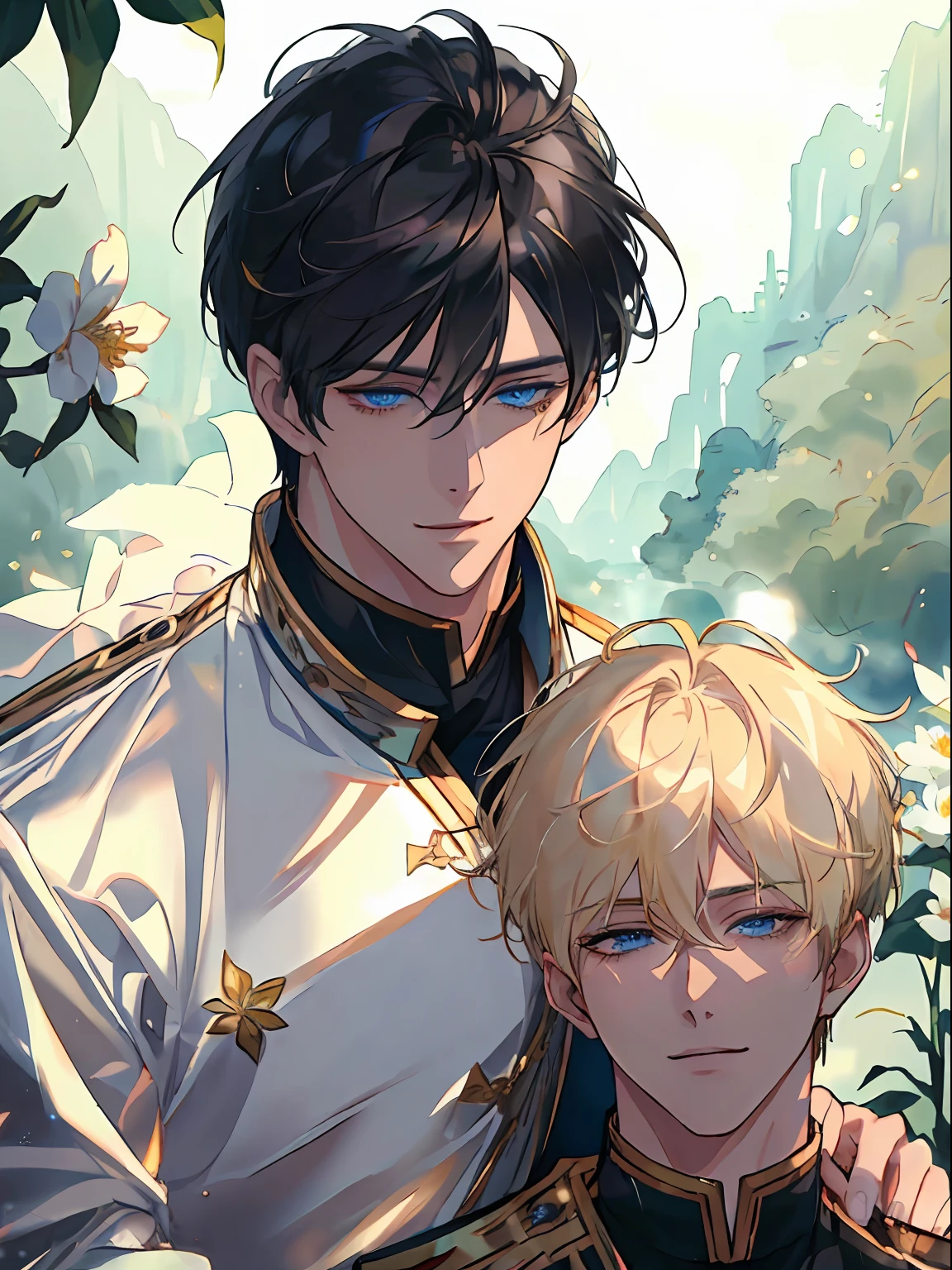 ((masterpiece:1.2、top-quality))、((Two men))、blonde hair、blue eyess(a handsome:1.4)、Guys only:1.3、校服、royalty、Black Knight、Short black hair、Golden Eyes、Scar on the right eye、Black Armor、Fantasia、blooming flowers、sunlights、Fantastic Light and Shadow、landscapes、extra detailed face、portraitures、A smile
