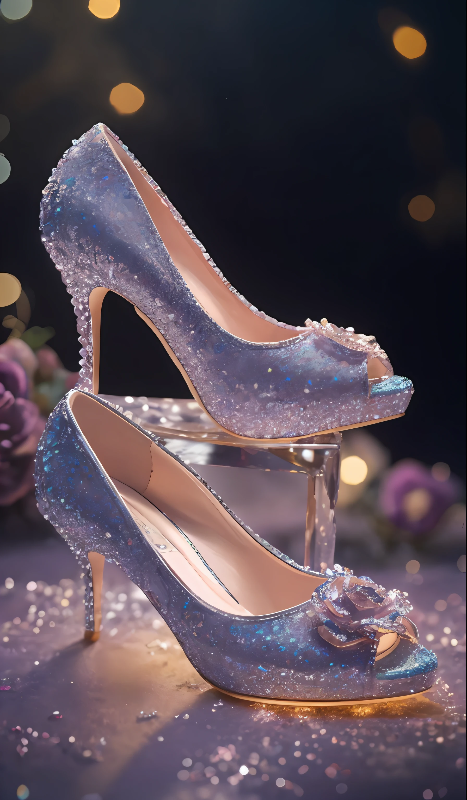 Crystal shoes and crystal roses， fanciful, galaxias, cleanness, glittery, glittery, Splendor, Colorful, Amazing photography, dramatic  lighting, photo-realism, ultra - detailed, 4K, depth of fields, A high resolution