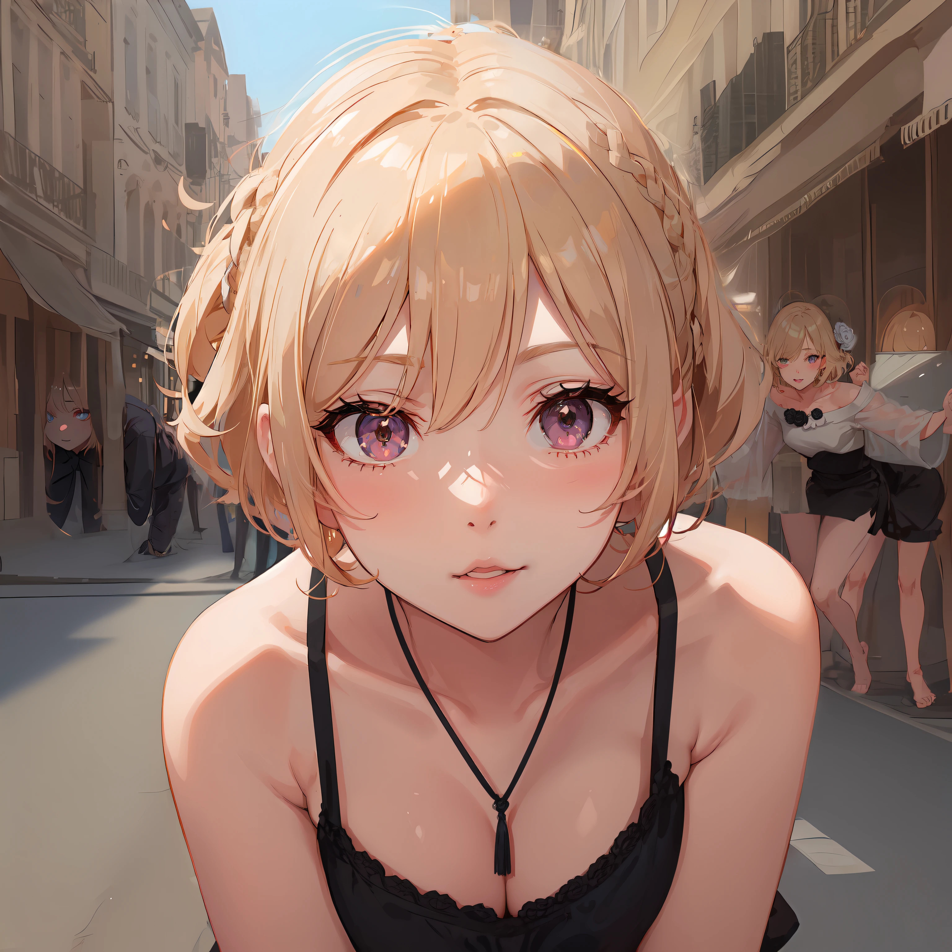focus on face, sexy cute girl, short blondy hair, colored ambient lights, long eyelashes, cute clothes, rose eyes, day time, cute Leaning forward pose