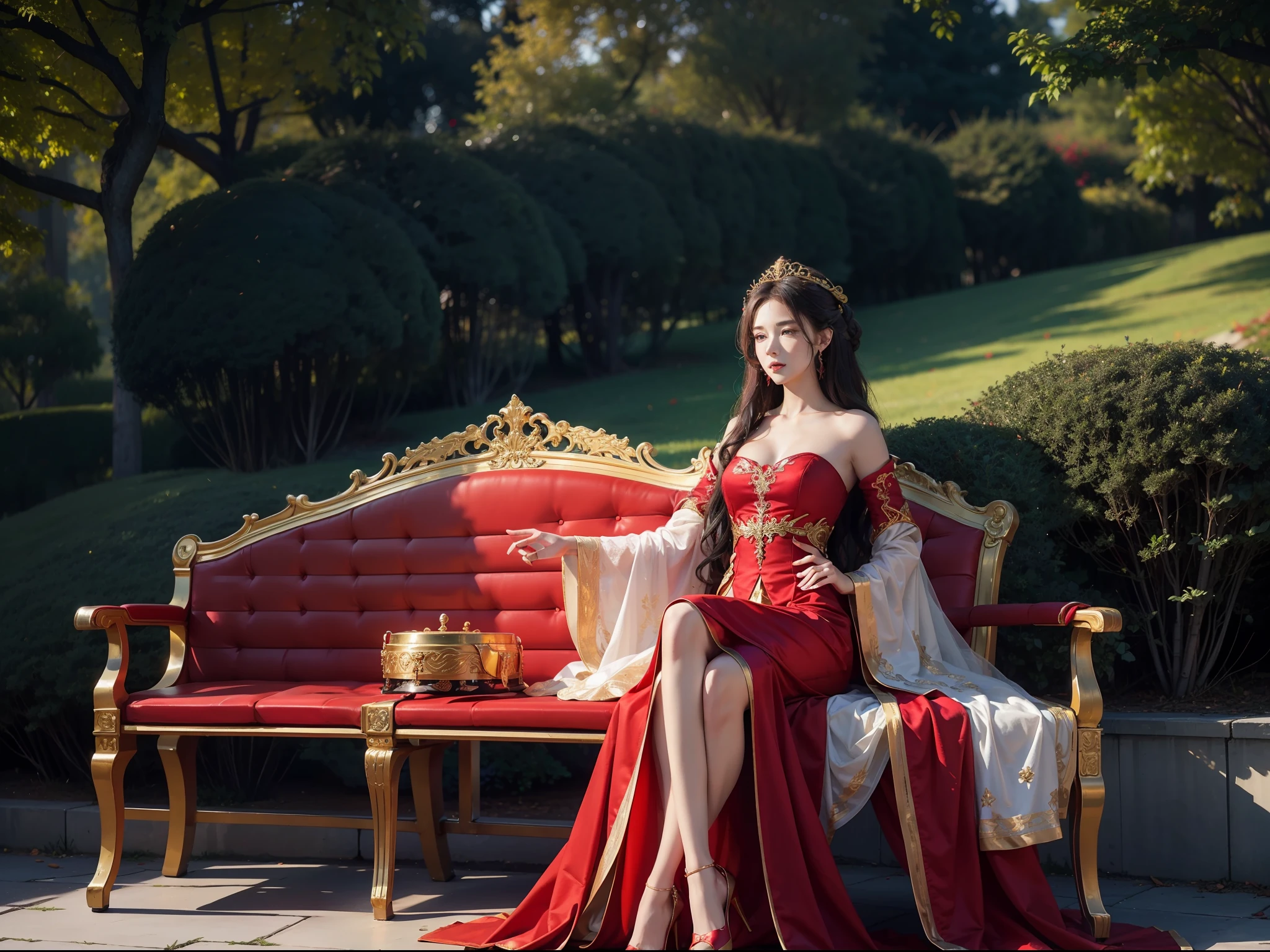 Gilded red wedding dress,gleaming in the sunlight,A girl,hair adornments,cropped shoulders,Long green wavy hair that grows to the waist,red high heel pumps,Long-legged black stockings,Lie alone on a bench