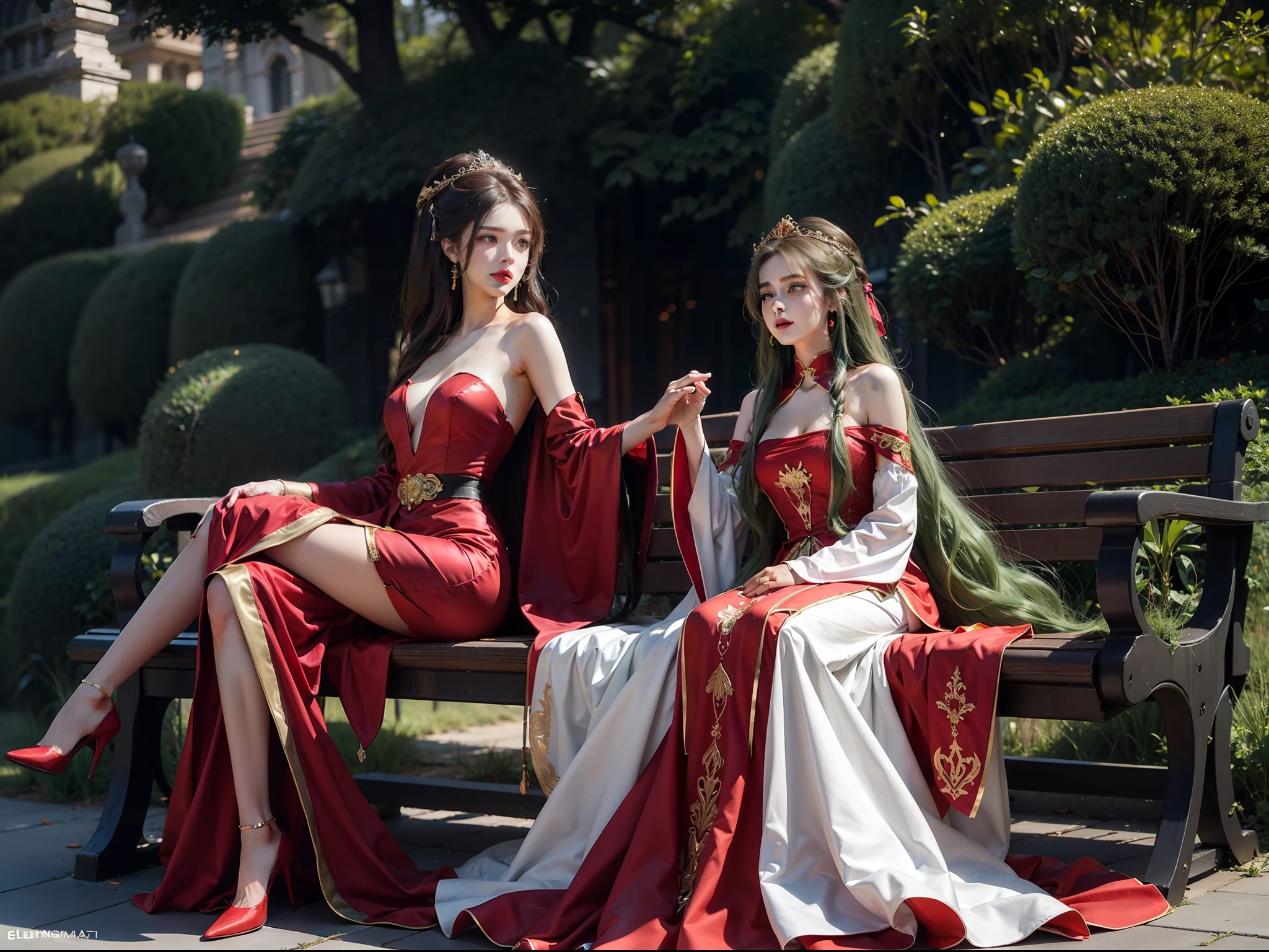 Gilded red wedding dress,gleaming in the sunlight,A girl,hair adornments,cropped shoulders,Long green wavy hair that grows to the waist,red high heel pumps,Long-legged black stockings,Lie alone on a bench