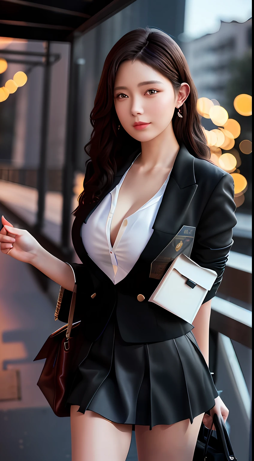 best quality, masterpiece, 1girl, Beautiful face, (photo realistic:1.3), rim lighting, (high detailed skin:1.2), 8k uhd, dslr, high quality, high resolution, 4k, 8k, Bokeh, absurdres, best ratio four finger and one thumb, (realistic:1.3), cute 1girl, wearing black formal blazer, medium breasts, short skirt,