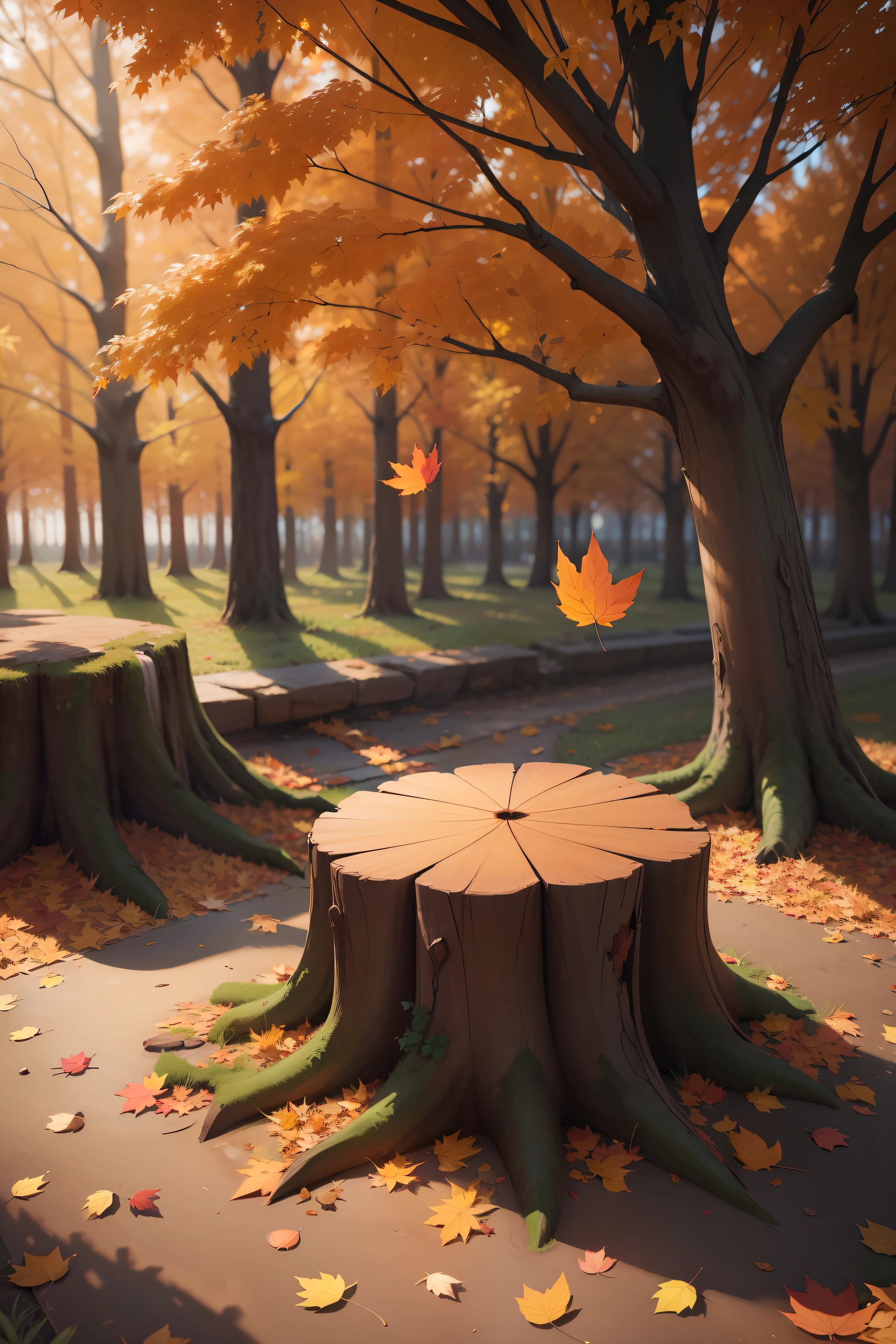falling leaf, Autumn, The stump is located on the right side of the frame, Fallen leaves in the sky, Ray tracing, hyper HD, High details, Best quality, Super detail, ccurate