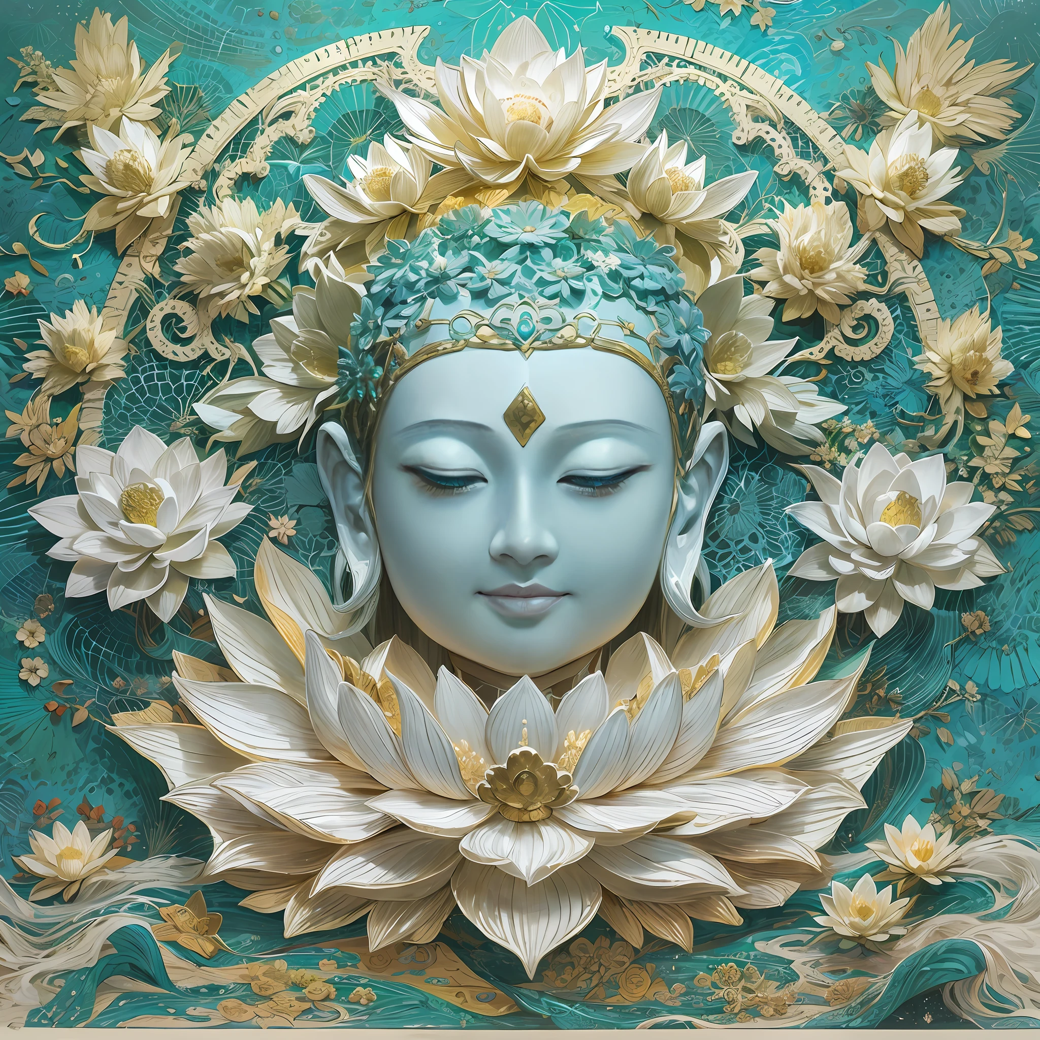 Imagine tranquil scenes inspired by Buddhist philosophy,A vibrant lotus flower stands against a background of intense turquoise tones。The lotus flower symbolizes purity and enlightenment,Intricate petals bloom,emanating a sense of serenity。When you gaze deeper into the image,You will notice an arrangement similar to a mandala,The constellations are elegantly arranged。A fusion of Buddhist symbolism with astrological elements,a harmonious integration,Invites contemplation and a sense of eternal connection。(The sculpture is surrealist and realist: 1.5), (golden colored,Blue and white porcelain mask)