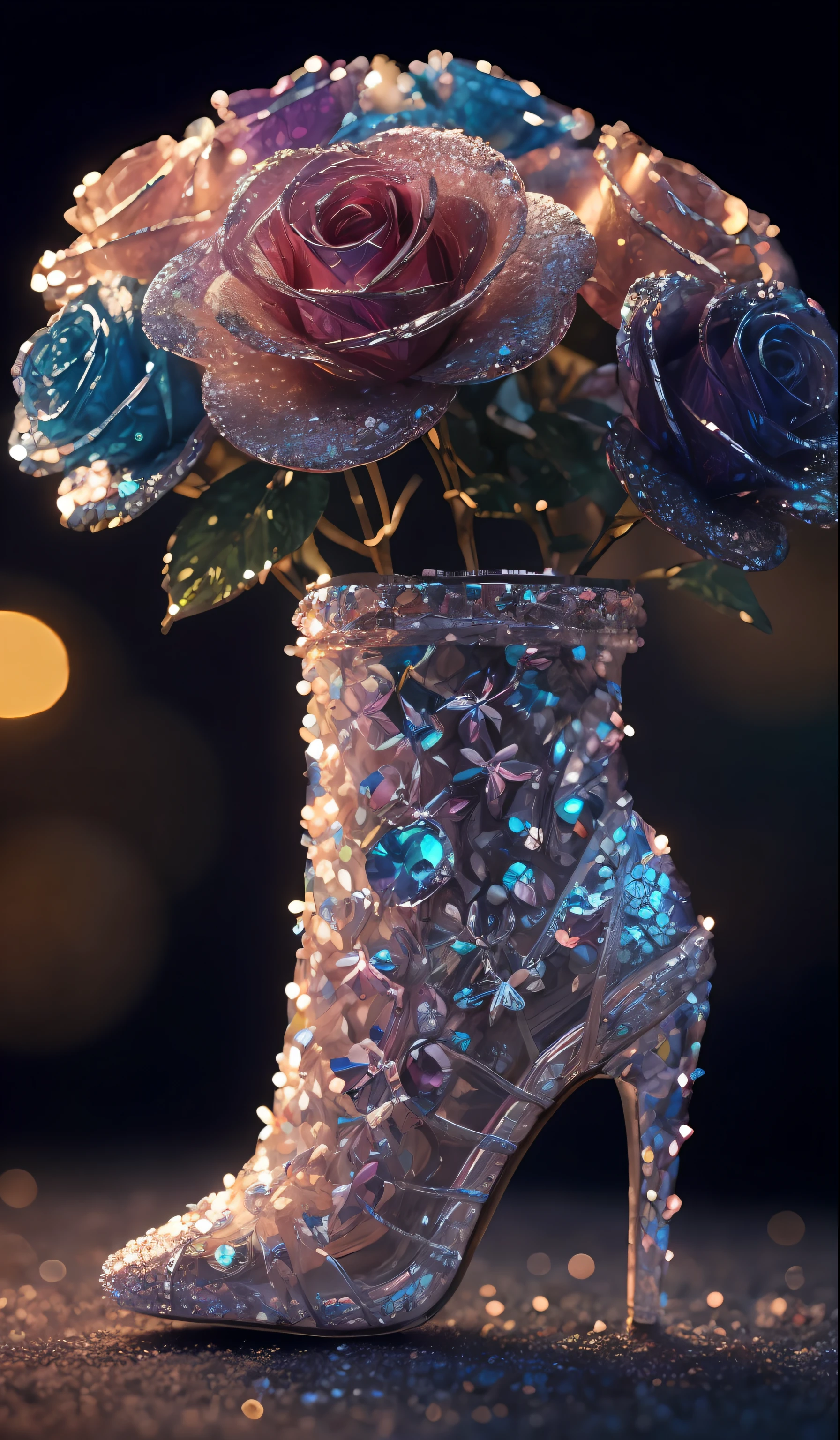 Crystal shoes and crystal roses, fanciful, galaxias, cleanness, glittery, glittery, Splendor, Colorful, Amazing photography, dramatic lighting, photo-realism, ultra - detailed, 4K, depth of fields, A high resolution