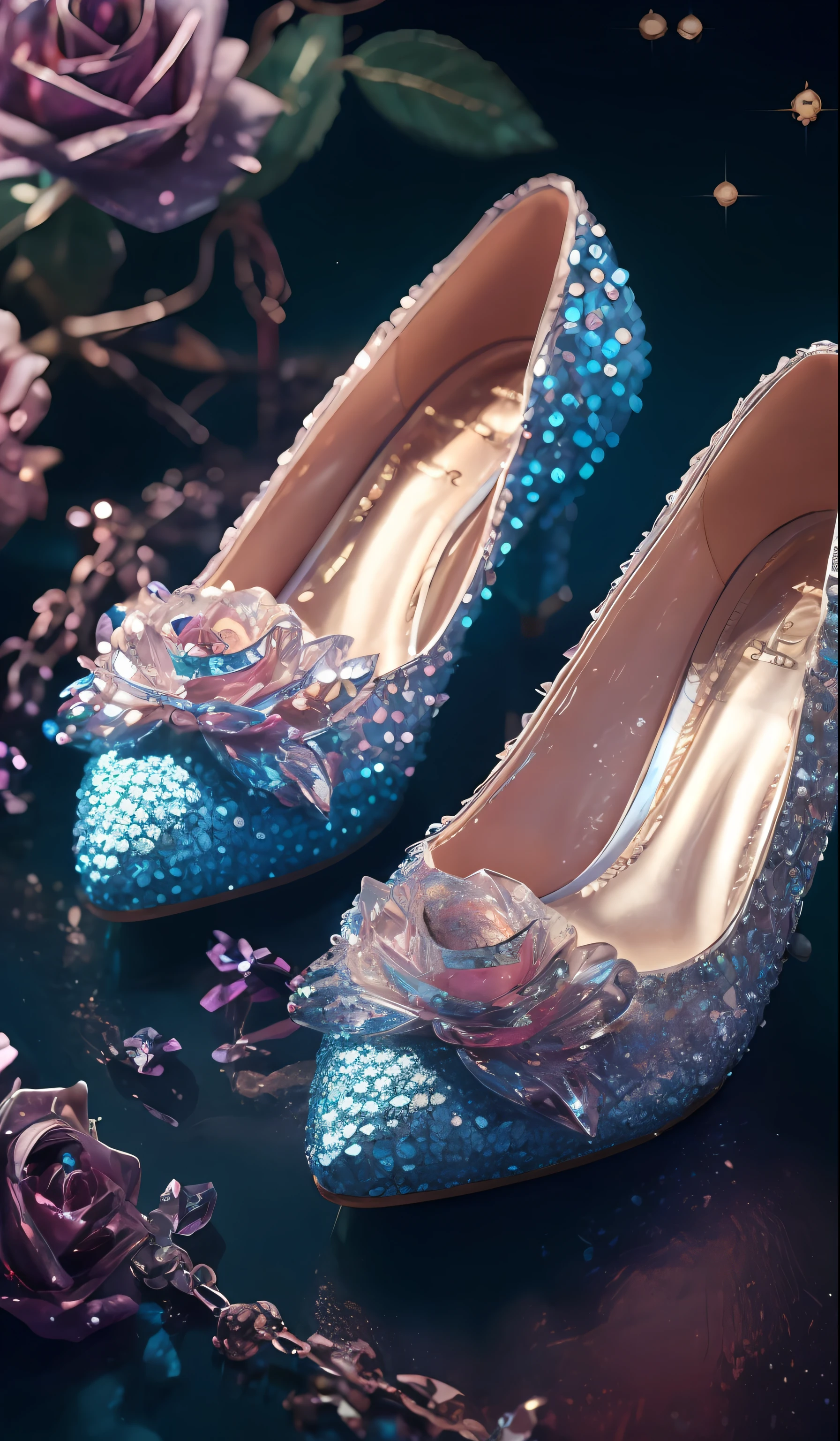 Crystal shoes and crystal roses， fanciful, galaxias, cleanness, glittery, glittery, Splendor, Colorful, Amazing photography, dramatic  lighting, photo-realism, ultra - detailed, 4K, depth of fields, A high resolution