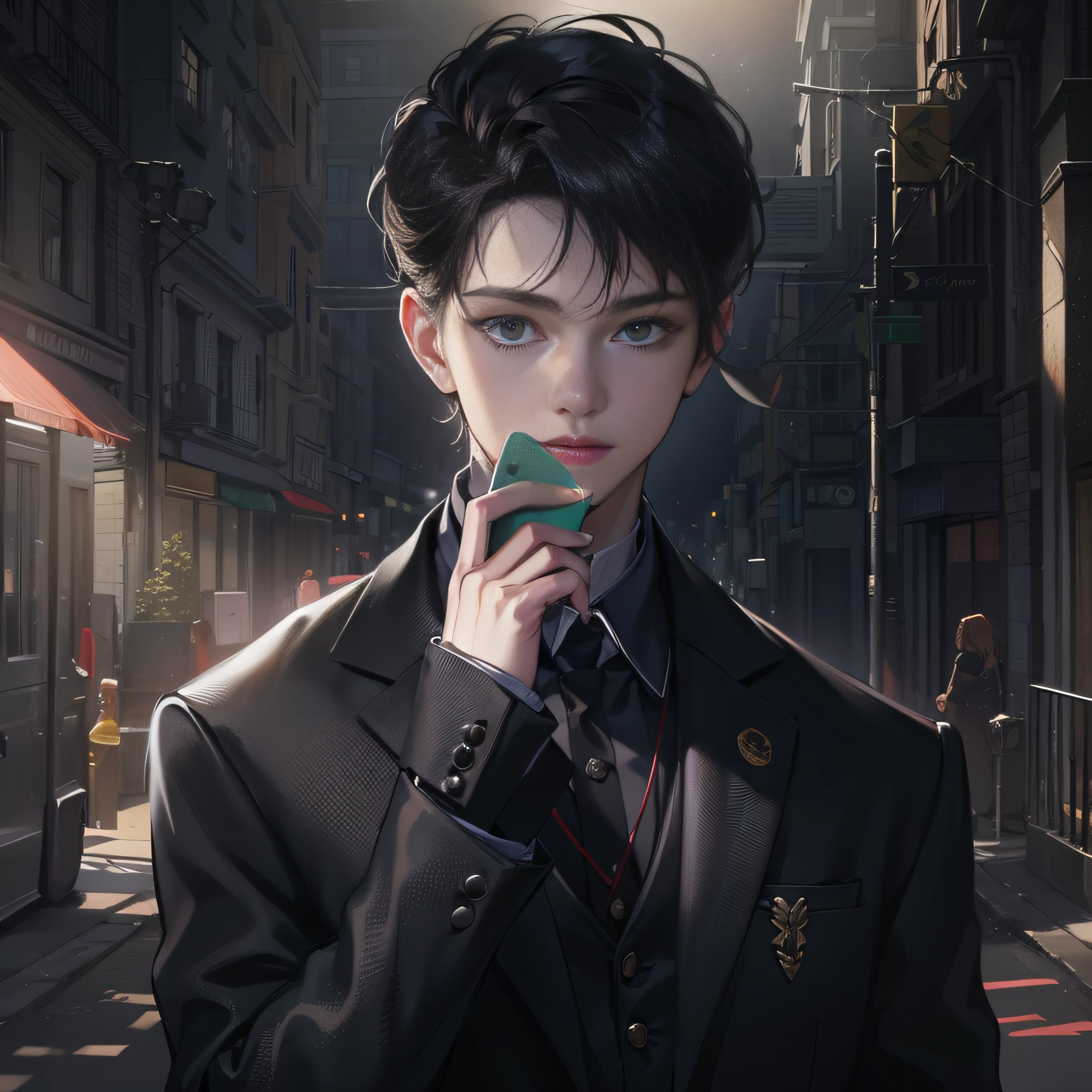 A 20-year-old boy in a suit with short black hair,(Answer the phone),vip,grand master,tmasterpiece,8k wallpaper,CG,Ultra-high image quality,light and shadow effect
