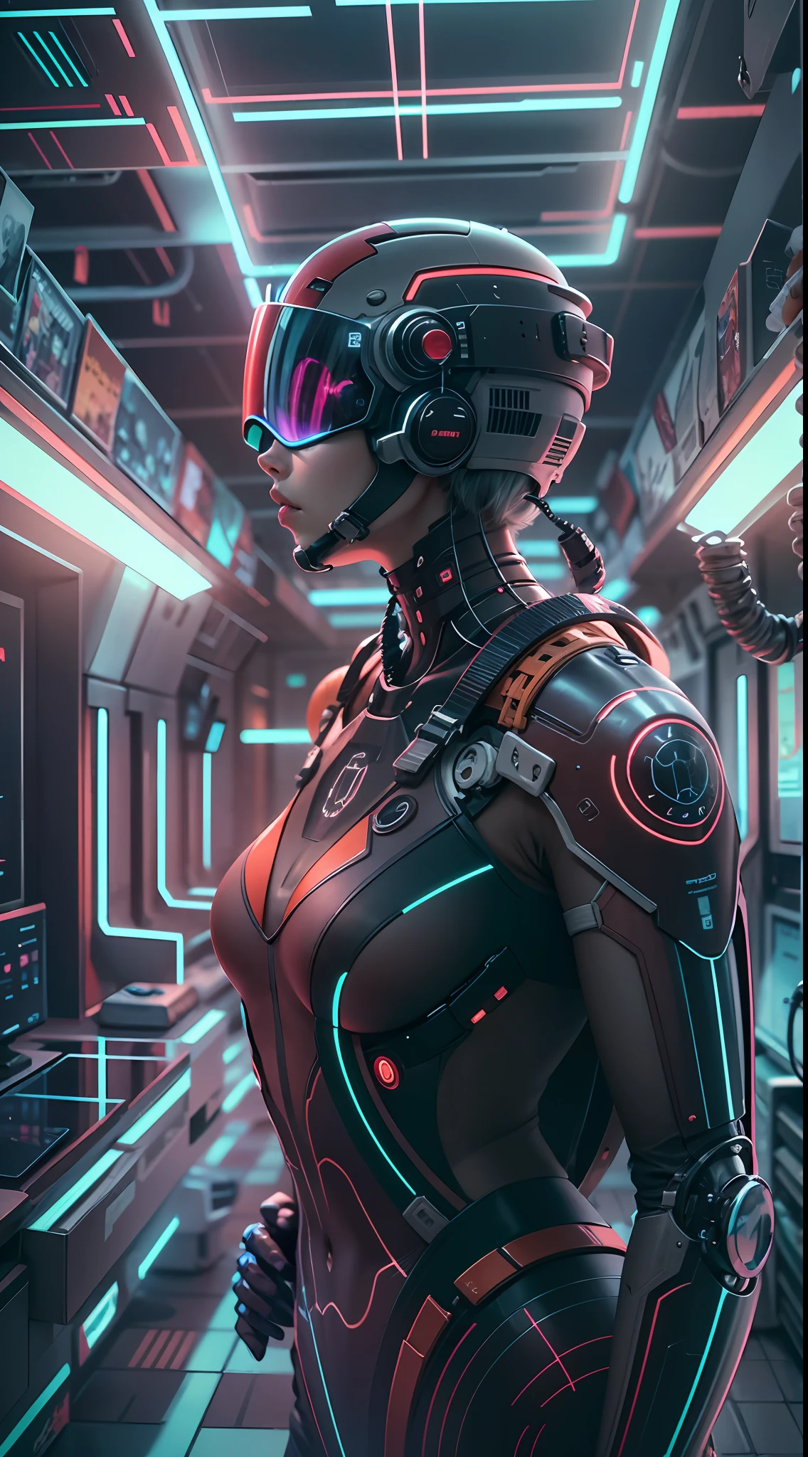 absurderes， A high resolution， Reflectors， refractions：1.4， Hyper-detailing：1.4， （realisticlying：1.4， 超A high resolution， RAW photos）， [[Bokeh， blur backgroun]] Break（cyber punk perssonage：1.4），（（A cyborg wearing a web helmet head））， 独奏，（ full bodyesbian：1.2）， （Rainbow white body：1.6）， （（Mechanical limb））， character focus：1.2 Breaking science fiction， Cinematic light， In the ruins of dark decay， （（ultra-wide-angle：1.2））， Dutch angle， shooting from below：1.6 BREAK，[neonlight，Vibrant glow，Dynamic colors，Striking contrast，futuristic vibe，electric energy，reflective surface]