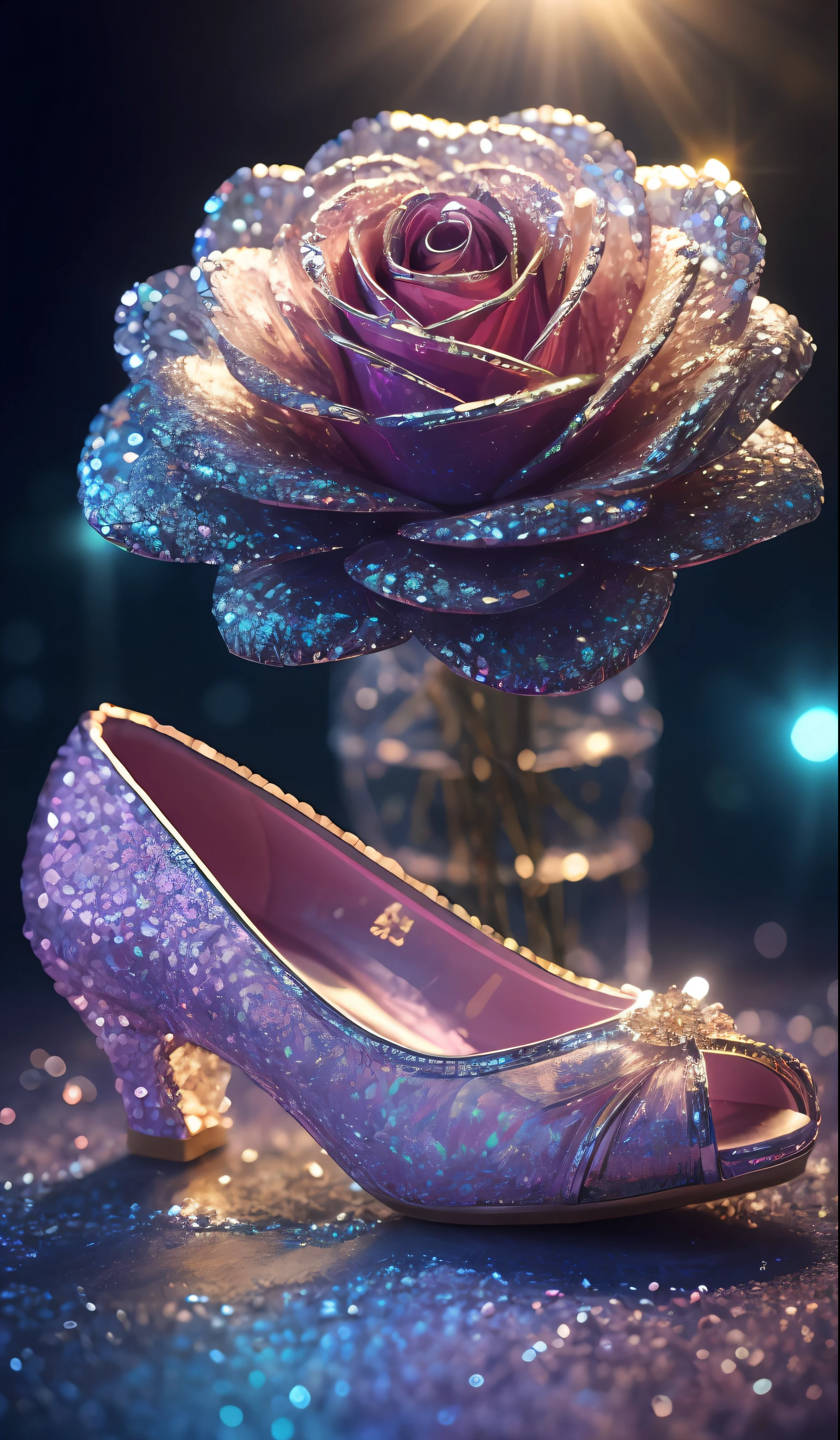 Crystal shoes and crystal roses， fanciful, galaxias, cleanness, glittery, glittery, Splendor, Colorful, Amazing photography, dramatic  lighting, photo-realism, ultra - detailed, 4K, depth of fields, A high resolution