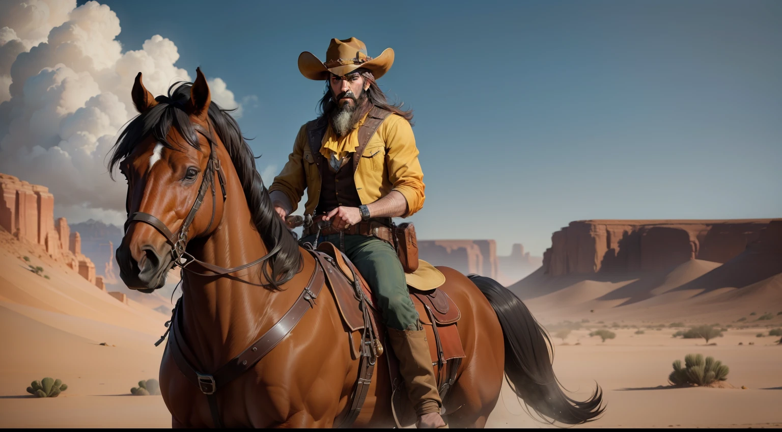 1 western cowboy on horseback, Handsome man with a beard and a cowboy hat, photorealisti, Forcing Allah righteousness, hyper photorealism, professional photoshooting, hyper HD, digital SLR camera, hdr,Western style,In the Gobi,A desert,cacti,Full body like,Lots of yellow and orange,4K,best qualtiy,detail-rich,OilPaintStyle,massiness,Fine details on the face,Perfect quality,Clear focus,At noon,Red Dead Redemption,The face is clear,dynamic compositions,Wild