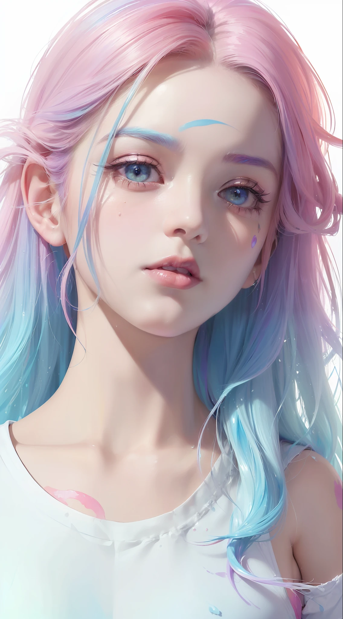(Pink Fashion T-shirt:1.9),(Colorful hair: 1.8), (all the colours of the rainbow: 1.8),(((((vertical painting:1.6))), (painting:1.6),front, comics, illustrations, paintings, large eyes, crystal clear eyes,( rainbow color gradient high ponytail:1.7), exquisite makeup, closed mouth,(Small Fresh: 1.5),(Wipe Chest: 1.6) ,long eyelashes, white off shoulder T-shirt, White Shoulder Shirt,looking at the audience, large watery eyes, (rainbow colored hair:1.6), color splash, (solo:1.8), color splash, color explosion, thick paint style, messy lines, ((shining)),(colorful), (colorful), (colorful), colorful, Thick Paint Style, (Splash) (Color Splash), Vertical Painting, Upper Body, Paint Splash, Acrylic Pigment, Gradient, Paint, Highest Image Quality, Highest Quality, Masterpiece, Solo, Depth of Field, Face Paint, colorful clothes, (Elegant: 1.2), gorgeous,long hair, wind, (Elegant: 1.3), (Petals: 1.4),(((masterpiece))),(((best quality))),((ultra-detailed)),(illustration),(dynamic angle),((floating)),(paint),((disheveled hair)),(solo),(1girl) , (((detailed anima face))),((beautiful detailed face)),collar,bare shoulders,white hair, ((colorful hair)),((streaked hair)),beautiful detailed eyes,(Gradient color eyes),(((colorful eyes))),(((colorful background))),(((high saturation))),(((surrounded by colorful splashes))),