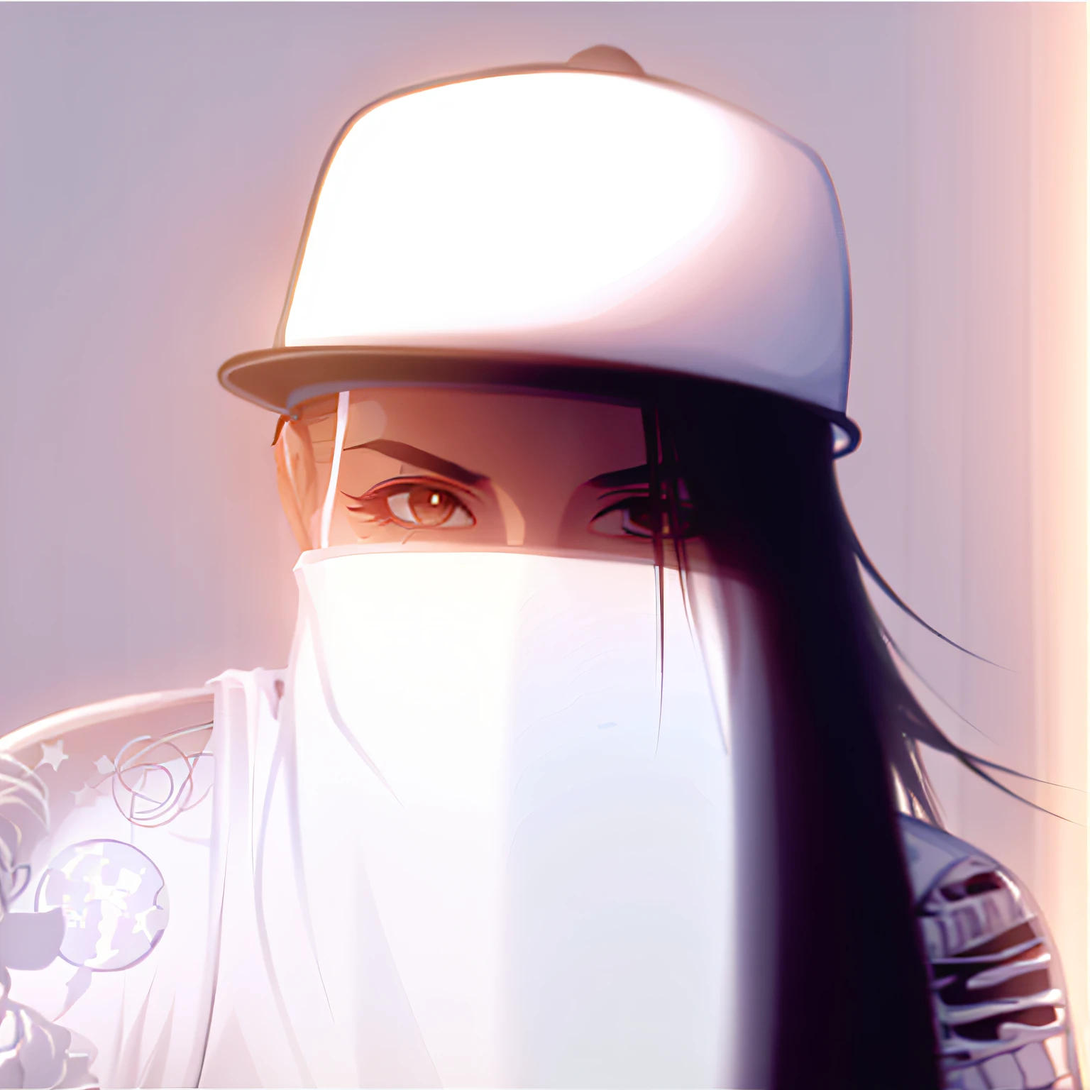 a closeup of a person wearing a white hat and a white bandana on his face, bandana cobre a boca e nariz, cabelos pretos longos, tatuagens, realista, 3d