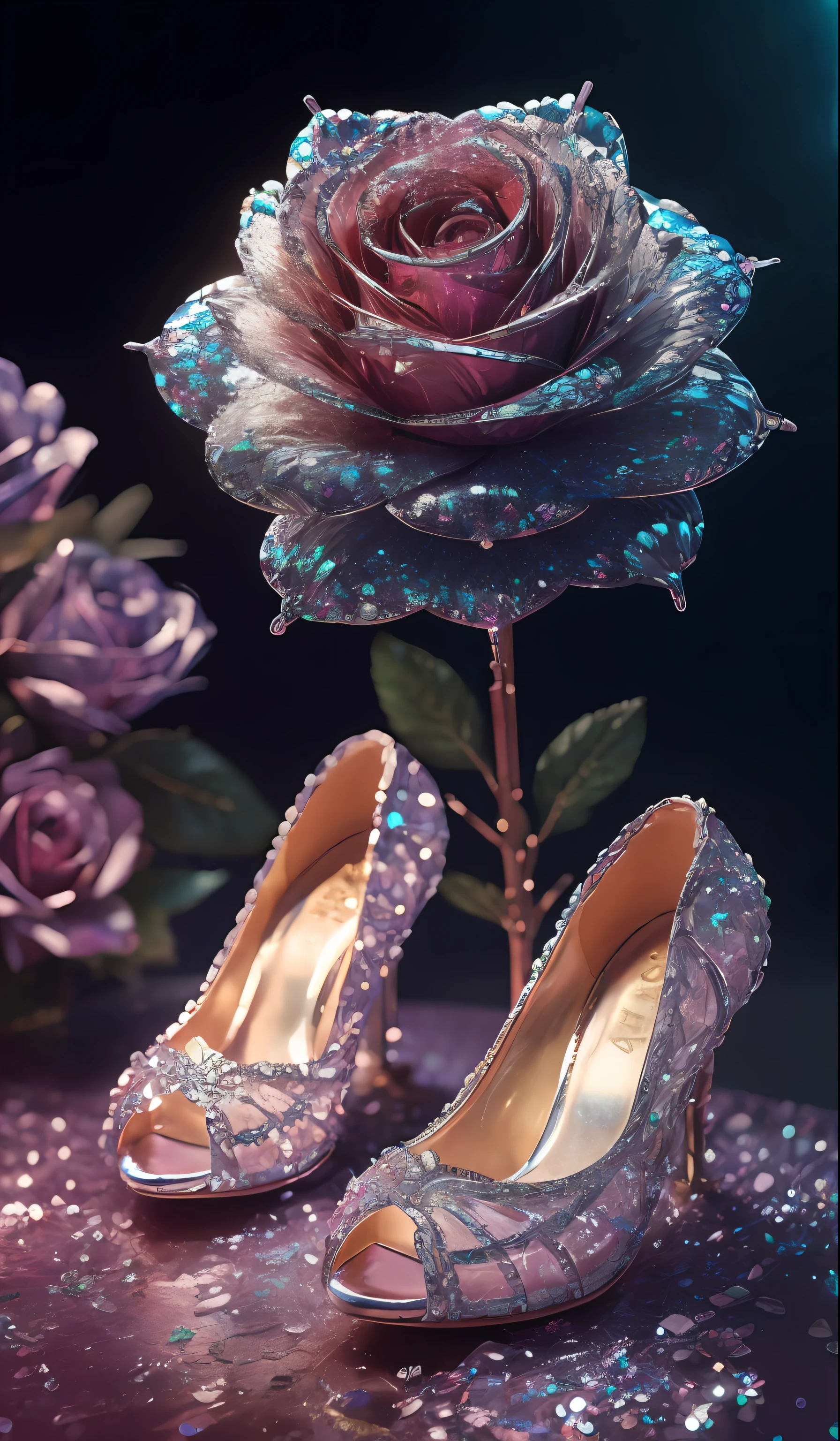 Crystal shoes and crystal roses, fanciful, galaxias, cleanness, glittery, glittery, Splendor, Colorful, Amazing photography, dramatic lighting, photo-realism, ultra - detailed, 4K, depth of fields, A high resolution
