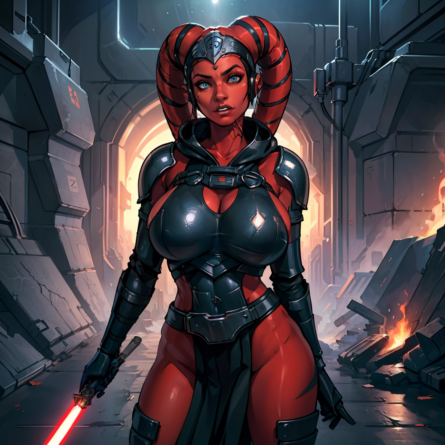 (masterpiece:1.2, best quality:1.2, beautiful, high quality, highres:1.1, aesthetic), detailed, extremely detailed, ambient soft lighting, 4K, perfect eyes, angular face, sharp features, large nose, perfect lighting, 1girl, action scene, lightsaber fighting, lasers, explosions, fire, motion lines, depth of field, masterpiece, best quality, high-definition, armor, busty, ((red skin), twi'lek), dual red lightsabers, evil space knight, space ninja, (wearing black robes, black stealth armor, breastplate, tunic, tabard, cowl, cloak, body glove, straps, buckles, skirts, long sleeves, fantasy, ((armor))), ((busty), slender body, thin, slim sexy body, slim waist, (((huge breasts, gigantic breasts)))), Imperial starship, Star Wars,