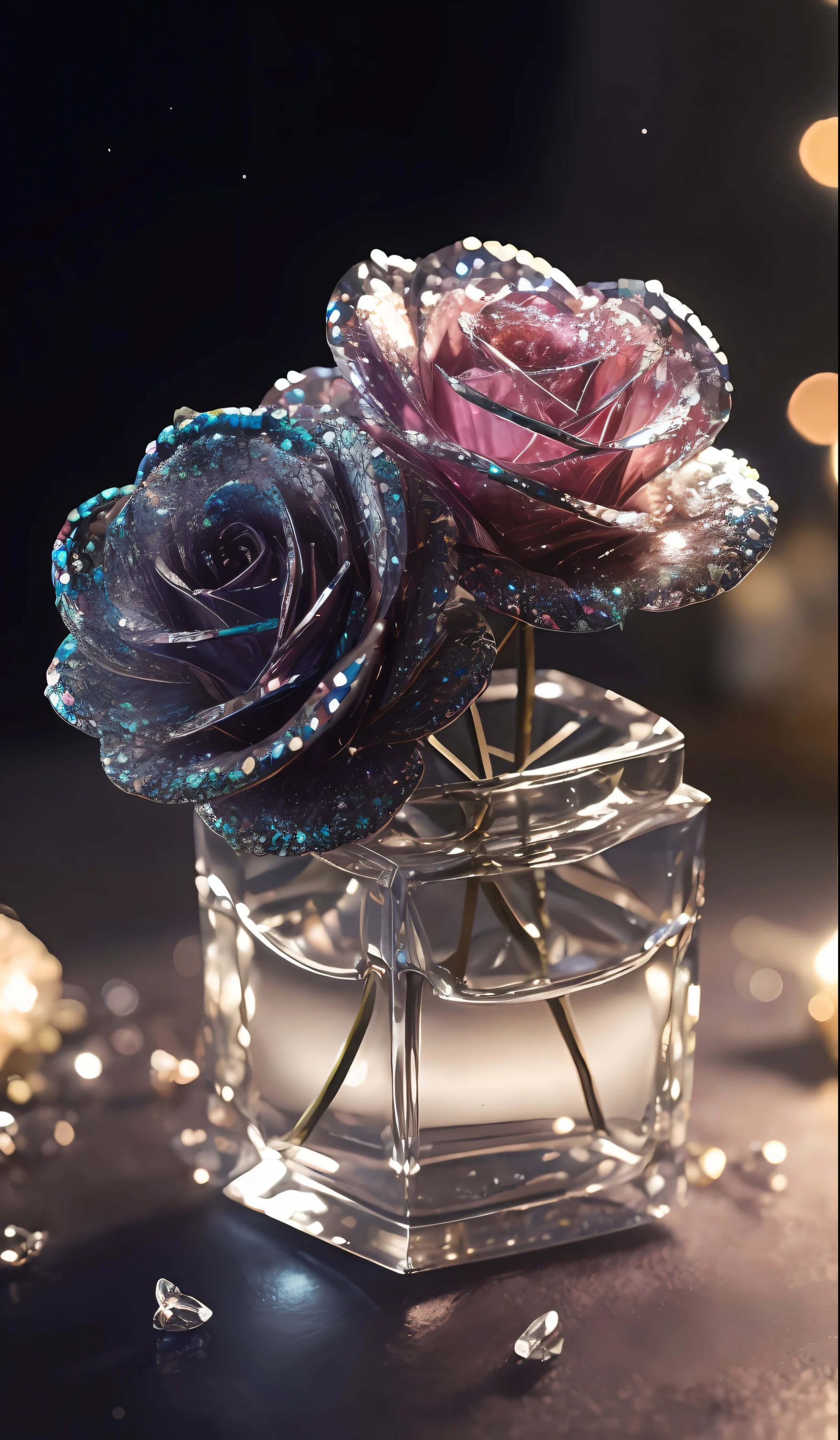 Crystal shoes and crystal roses， fanciful, galaxias, cleanness, glittery, glittery, Splendor, Colorful, Amazing photography, dramatic  lighting, photo-realism, ultra - detailed, 4K, depth of fields, A high resolution